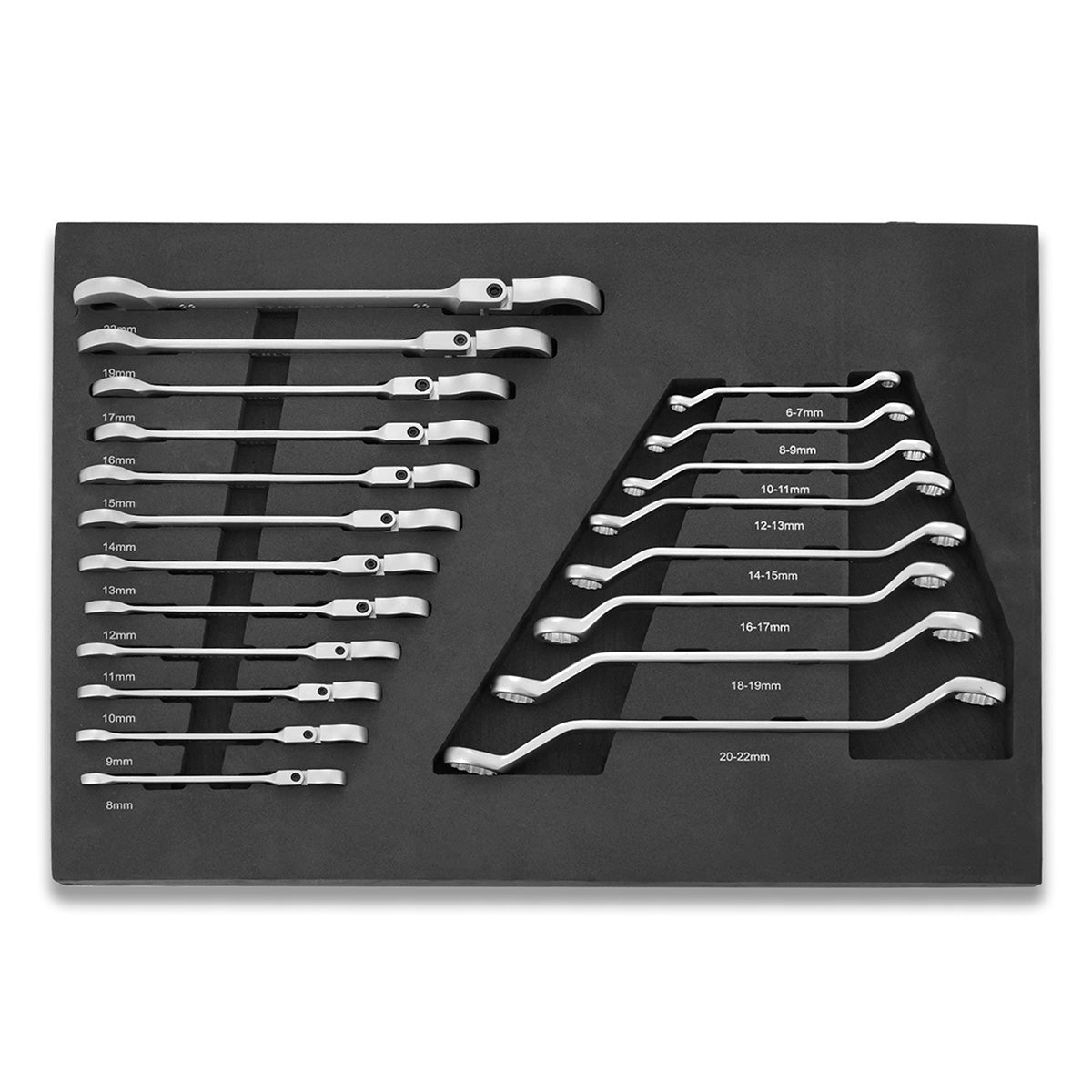 STAHLWERK 20-teiliges Schraubenschlüssel-Set mit Schaumstoffeinlage |Für Werkstattwagen |Drehmomentschlüssel und Ringschlüssel-Satz | Inklusive neigbare Maulschlüssel | Weichschaumeinlage