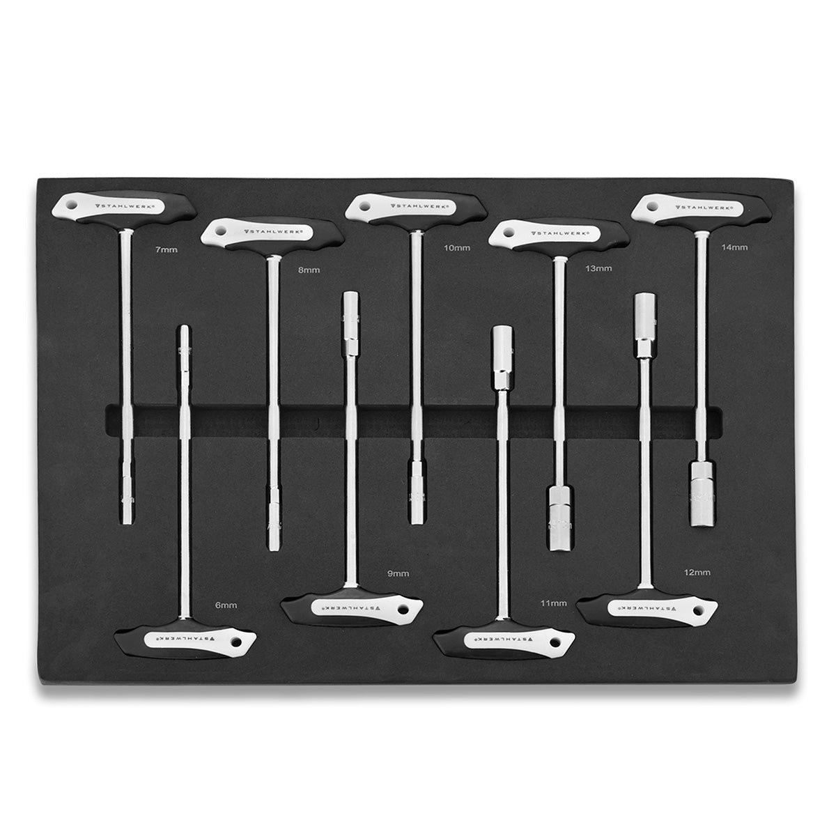 STAHLWERK 9-teiliges T-Griff Steckschlüssel-Set mit Schaumstoffeinlage für Werkstattwagen | Hochwertiges Werkzeug in Werkzeugwageneinlage | Hohe Torsionsbelastung | Alle gängigen Größen