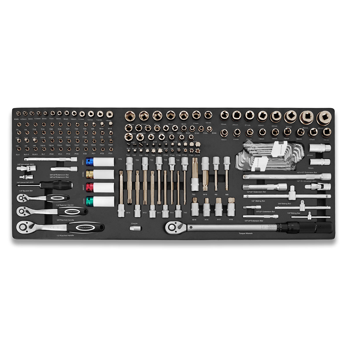 STAHLWERK 186-teiliger Bit- und Steckschlüsselsatz in Werkstattwageneinlage | Hochwertiges CrV-Werkzeug | 3/8", 1/2" und 1/4" Ratschen-, Bit- und Steckschlüssel-Set | Mit Drehmomentschlüssel 20-210 Nm