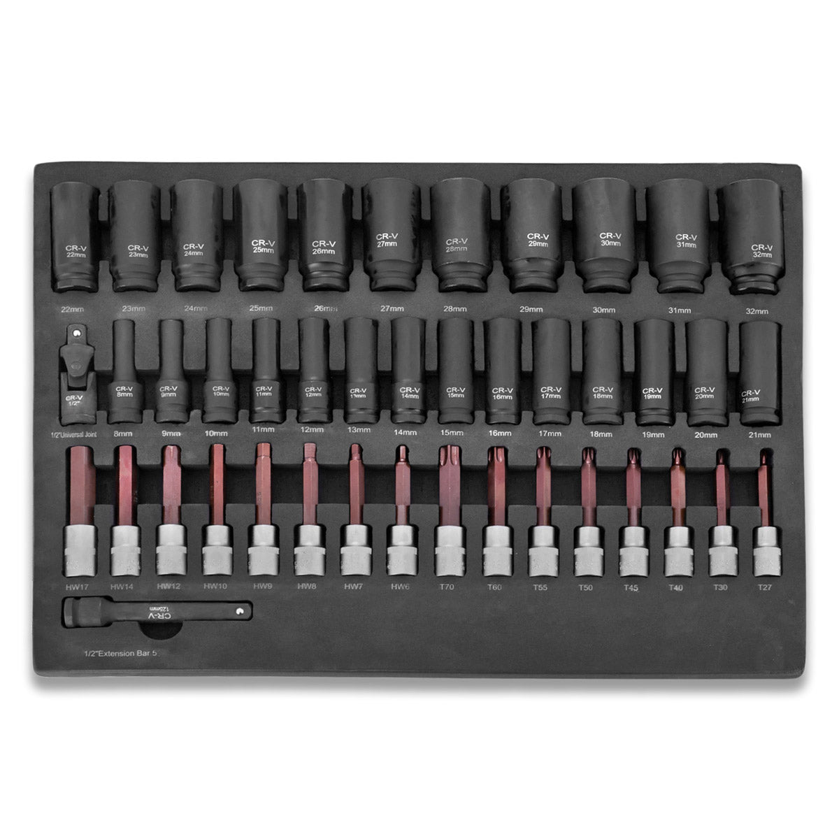Steelworks 43 parçalı soket anahtar atölye arabası için köpük ekin | 1/2 "kayıt ile yüksek kaliteli altıgen tuşlar | Yüksek Torsiyonal Kirlilik | Tüm Ortak Boyutlar