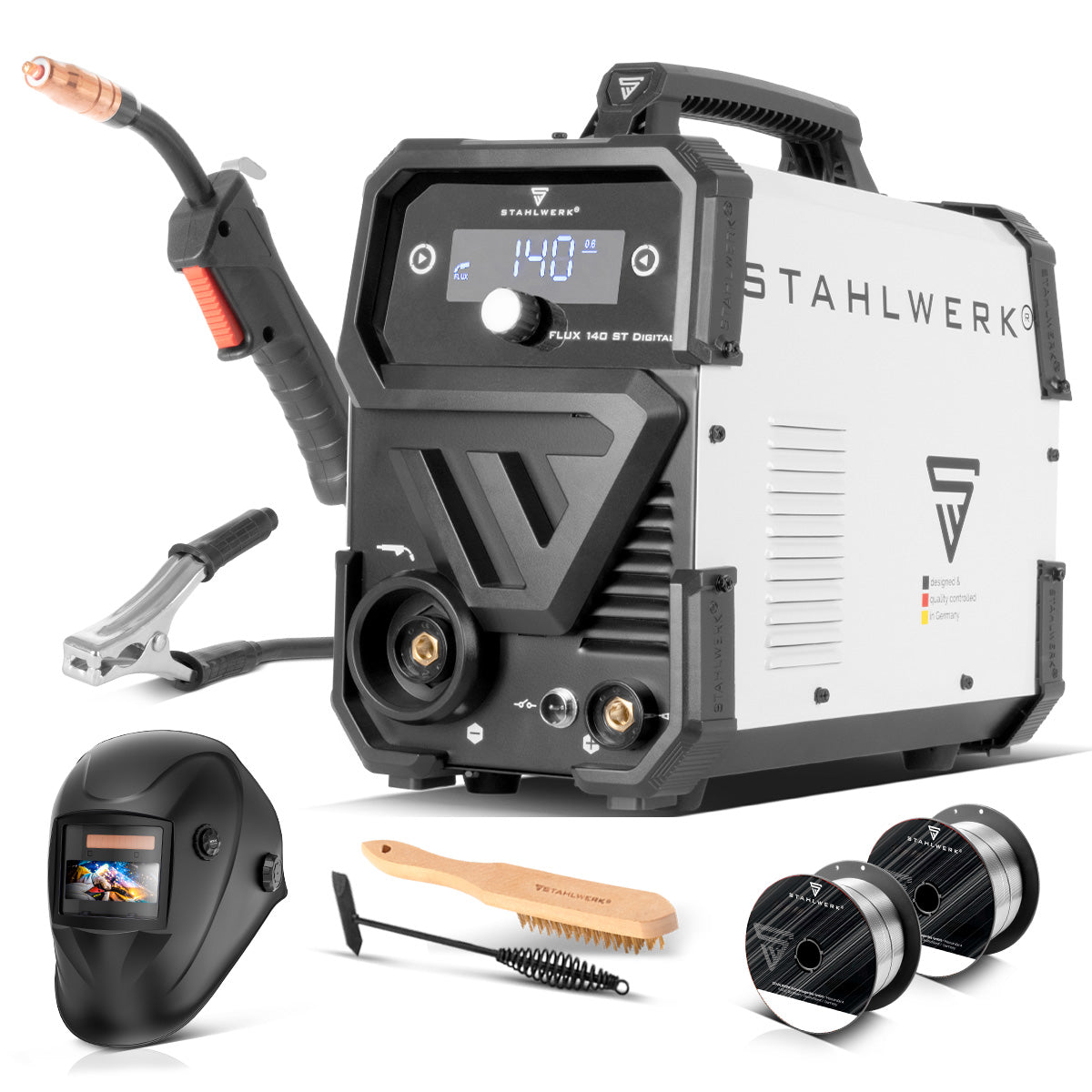 STAHLWERK Schweißgerät FLUX 140 ST Digital mit 140 A Vollausstattung, synergischem Drahtvorschub, Lift-TIG und ARC/MMA Funktion zum Schweißen ohne Schutzgas