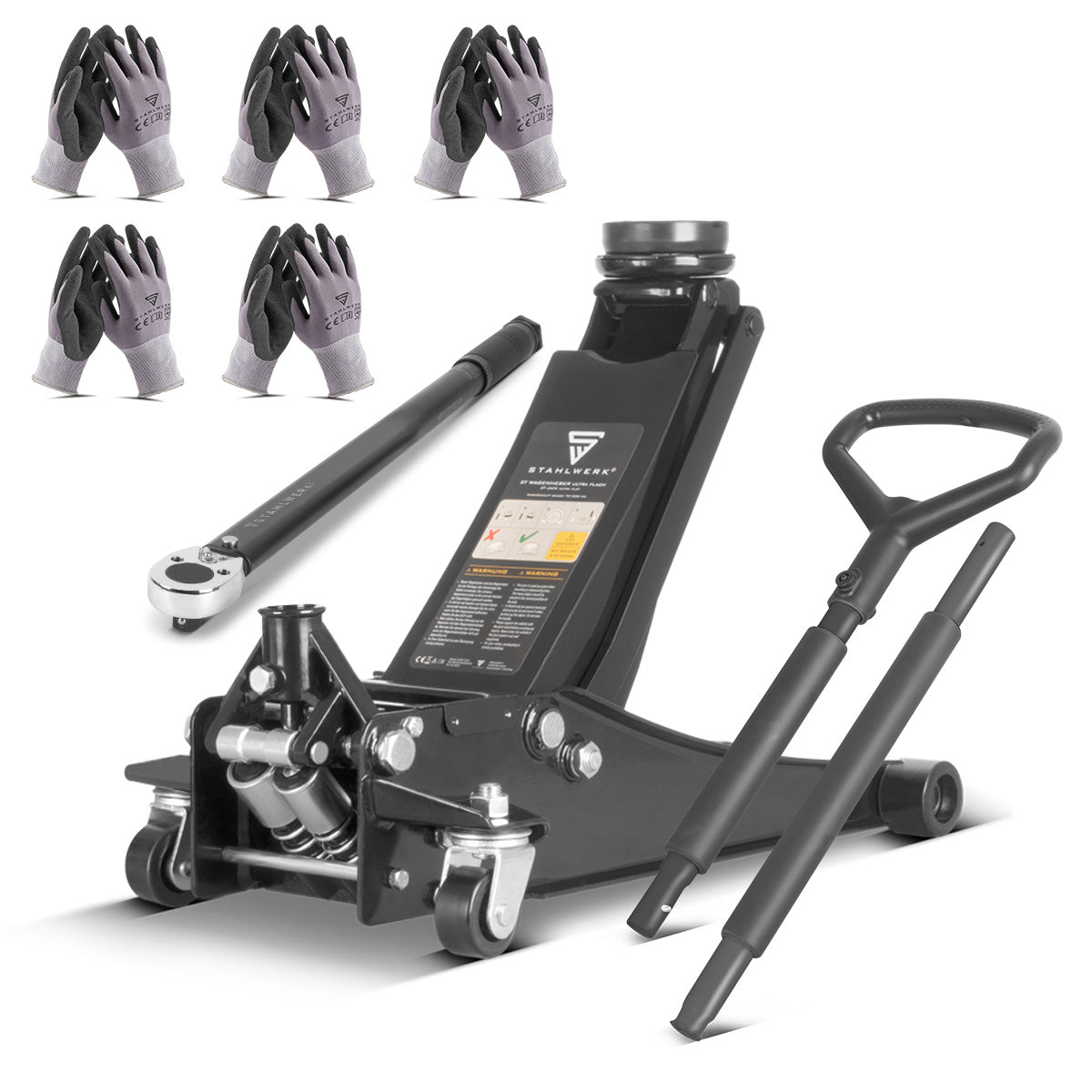 STAHLWERK Reifenwechsel Set Wagenheber WHB-73 ST mit 3 t Tragkraft, gummierten Rollen, Doppelhubkolben und 73-500 mm Hubbereich | Drehmomentschlüssel TW-350 ST mit 70-350 Nm | Arbeitshandschuhe