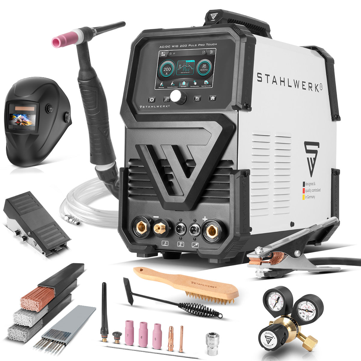 STAHLWERK Schutzgas-Schweissgerät AC/DC WIG 200 Puls Pro Touch Vollausstattung | IGBT-Inverter mit 200 Ampere | ARC/MMA Funktion | Job-Speicher | Puls-und Spot-Funktion geeignet für Alu und Dünnblech