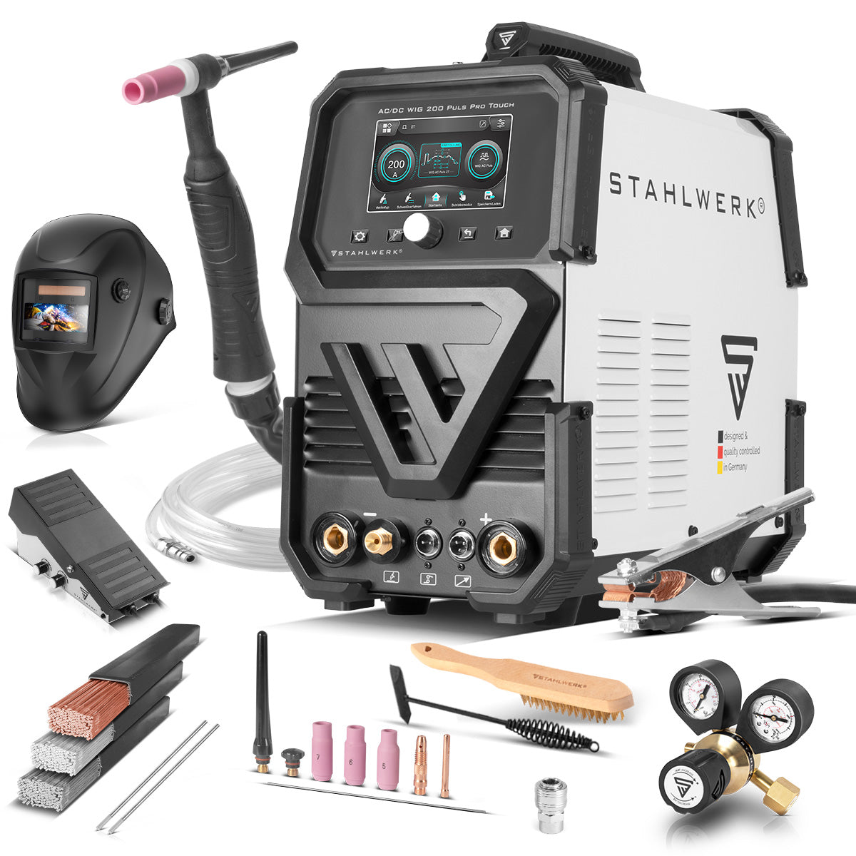 STAHLWERK Schutzgas-Schweißgerät AC/DC WIG 200 Puls Pro Touch Vollausstattung | IGBT-Inverter mit 200 Ampere | ARC/MMA Funktion | Job-Speicher | Puls-und Spot-Funktion geeignet für Alu und Dünnblech