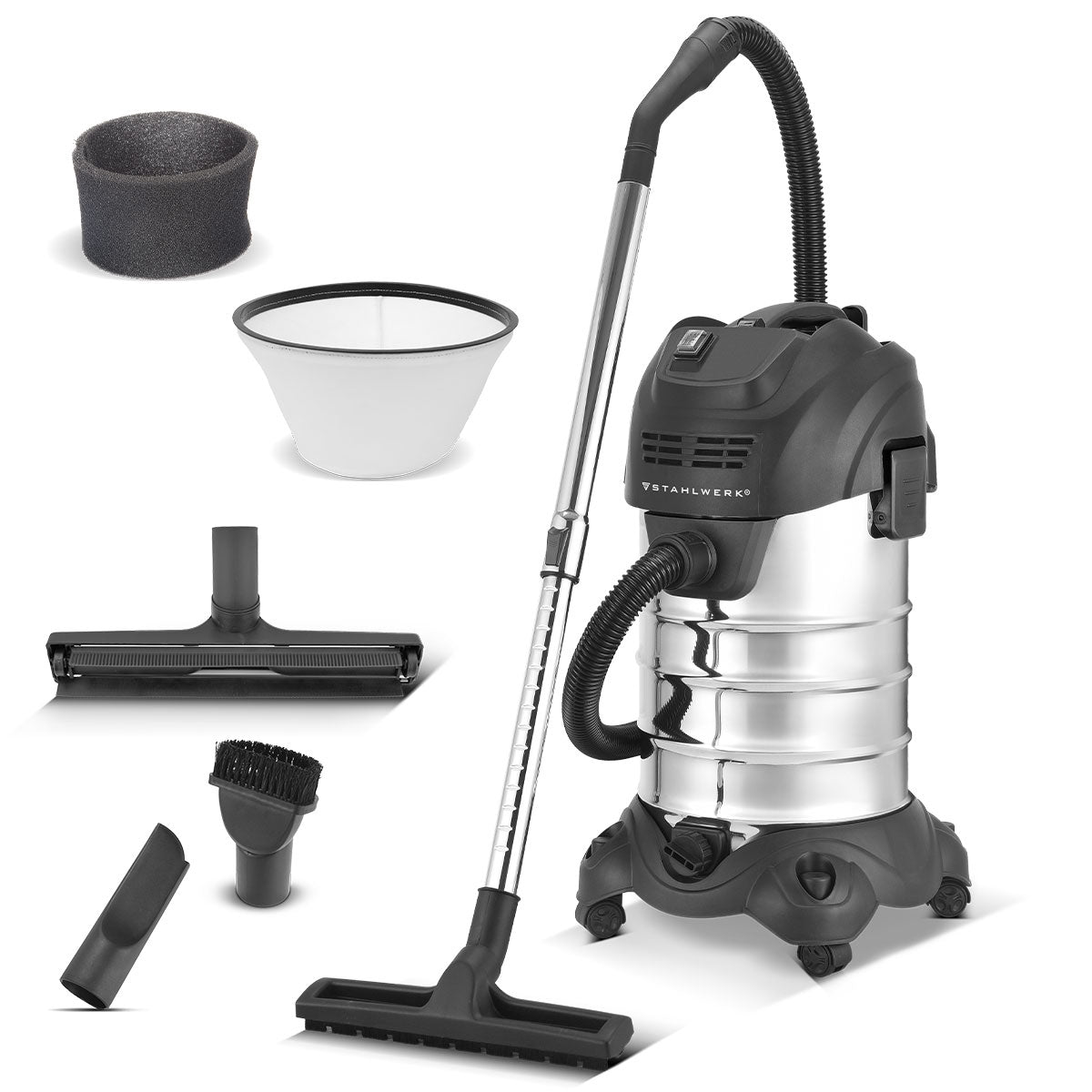 STAHLWERK wet and dry vacuum cleaner VCL-1600 ST | 1600 W industrial vacuum cleaner with 35 l stainless steel container | Blowing function and safety shutdown | Extensive accessory package | Robust workshop vacuum cleaner