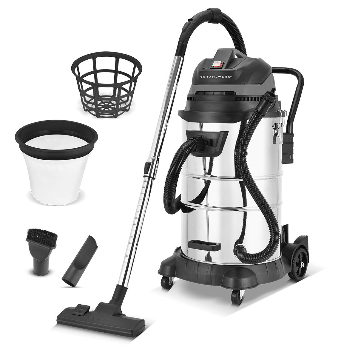 STAHLWERK wet and dry vacuum cleaner VCL-1400 ST | 1400 W industrial vacuum cleaner with 60 L metal container | Blowing and dust shaking function, safety shutdown | Powerful workshop vacuum with accessories