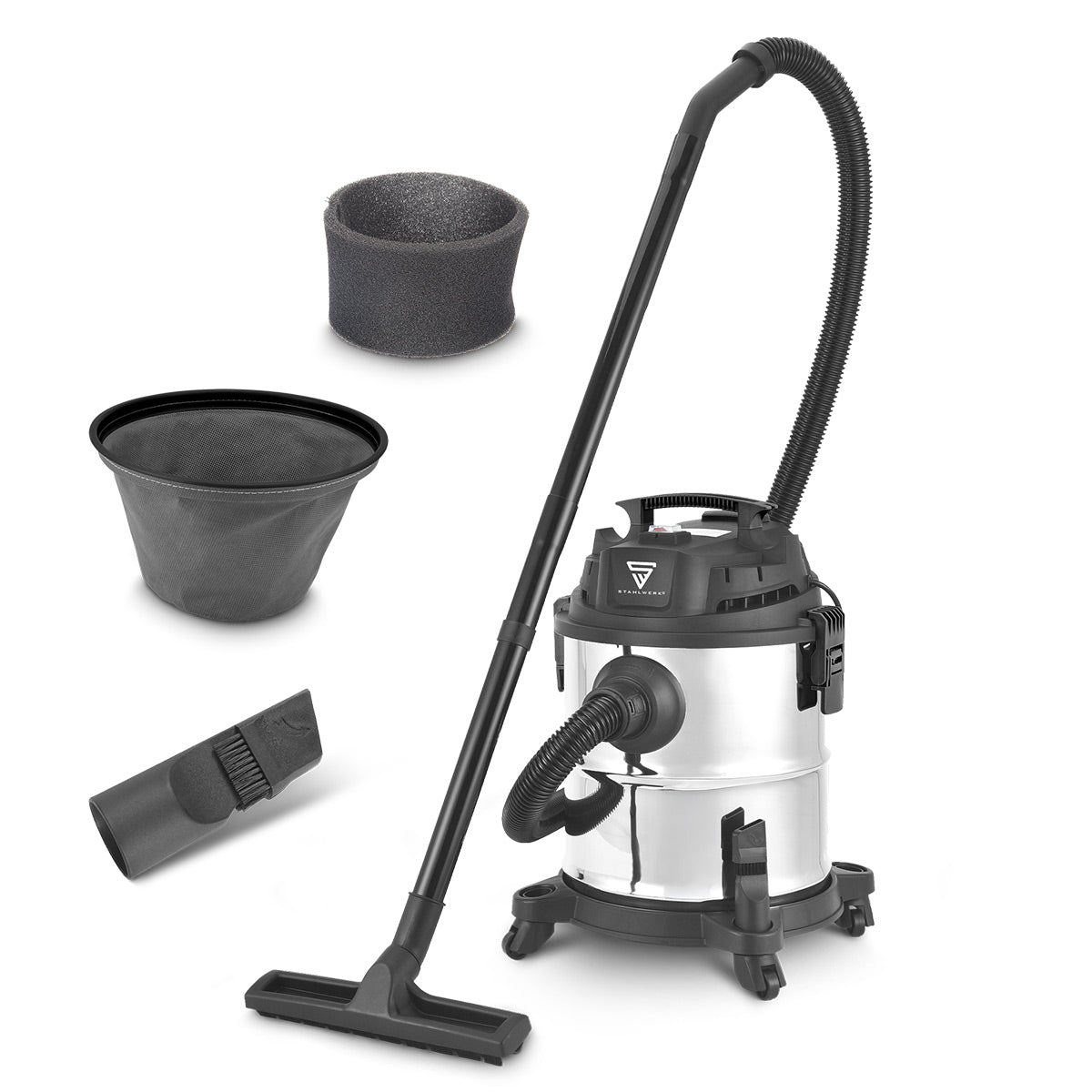 STAHLWERK wet and dry vacuum cleaner VCL-1200 ST | 1200 W workshop vacuum cleaner with 20 l metal container | Dust shaking and blowing function | Compact industrial vacuum cleaner for workshops, garages and construction sites