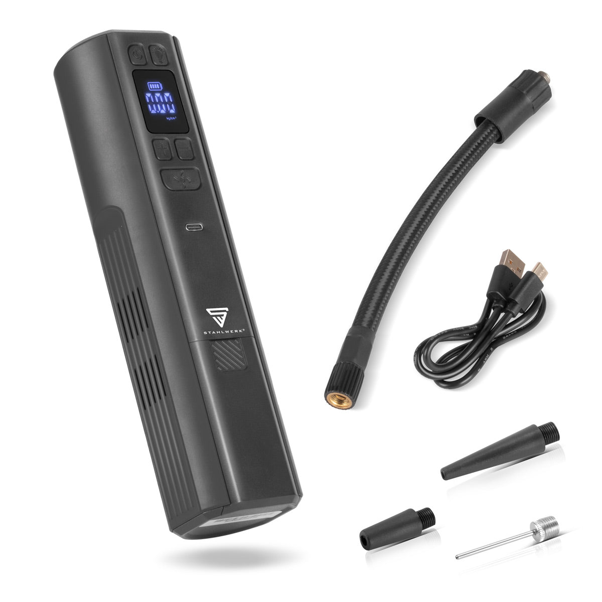 STAHLWERK cordless compressor HF-800 ST | Tire compressor with 4,000 mAh lithium battery | 80 W power, max. 4.2 bar | Digital display with psi/bar/kg/cm² | Automatic switch-off | LED work light