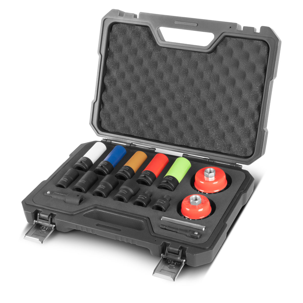 STAHLWERK Radnaben-Demontage- und Reinigungs-Set | 16-teilig | 4 Ausdrehnüsse | 5 Schonnüsse | 1/2" Antrieb | 17–22 mm | 2 Topfbürsten 65/75 mm mit Adapter M14 x 2 | Verlängerung | 12 mm Durchschlag