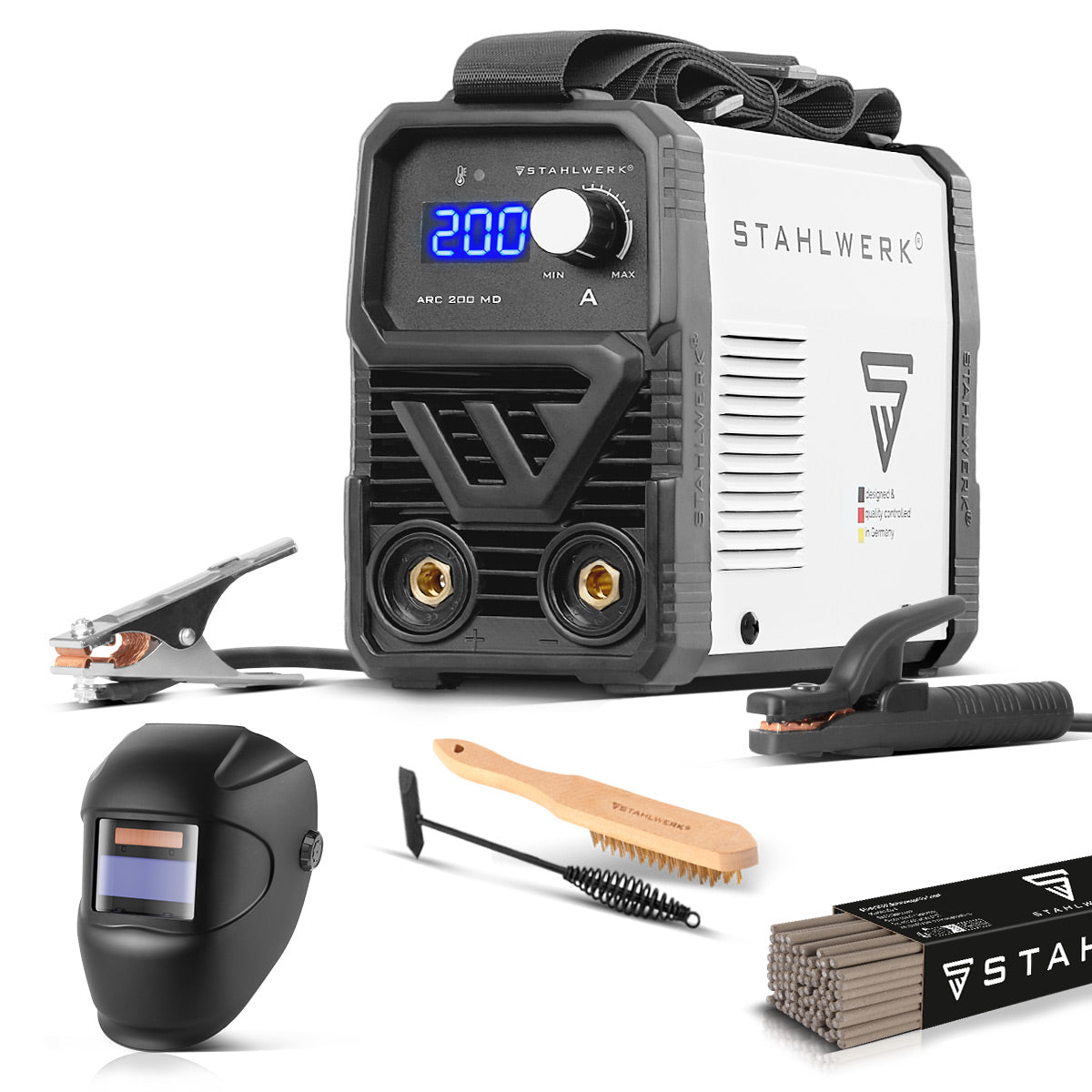 STAHLWERK Elektroden-Schweißgerät ARC 200 MD mit 200 Ampere| Vollausstattung | Schweißhelm | Elektroden | DC MMA/E-Hand | Lift-TIG | Hot-Start | Smartkühlung | Single-Board | Sehr kompakt