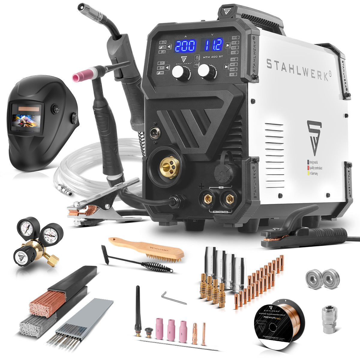 Dispositif de soudage Stahlwerk Combi MTM-200 St Équipement complet 3-en-1 Dispositif de soudage de gaz protecteur | Onduleur avec 200 A et un fil à fil synergique pour la perruque | Mig mag | MMA