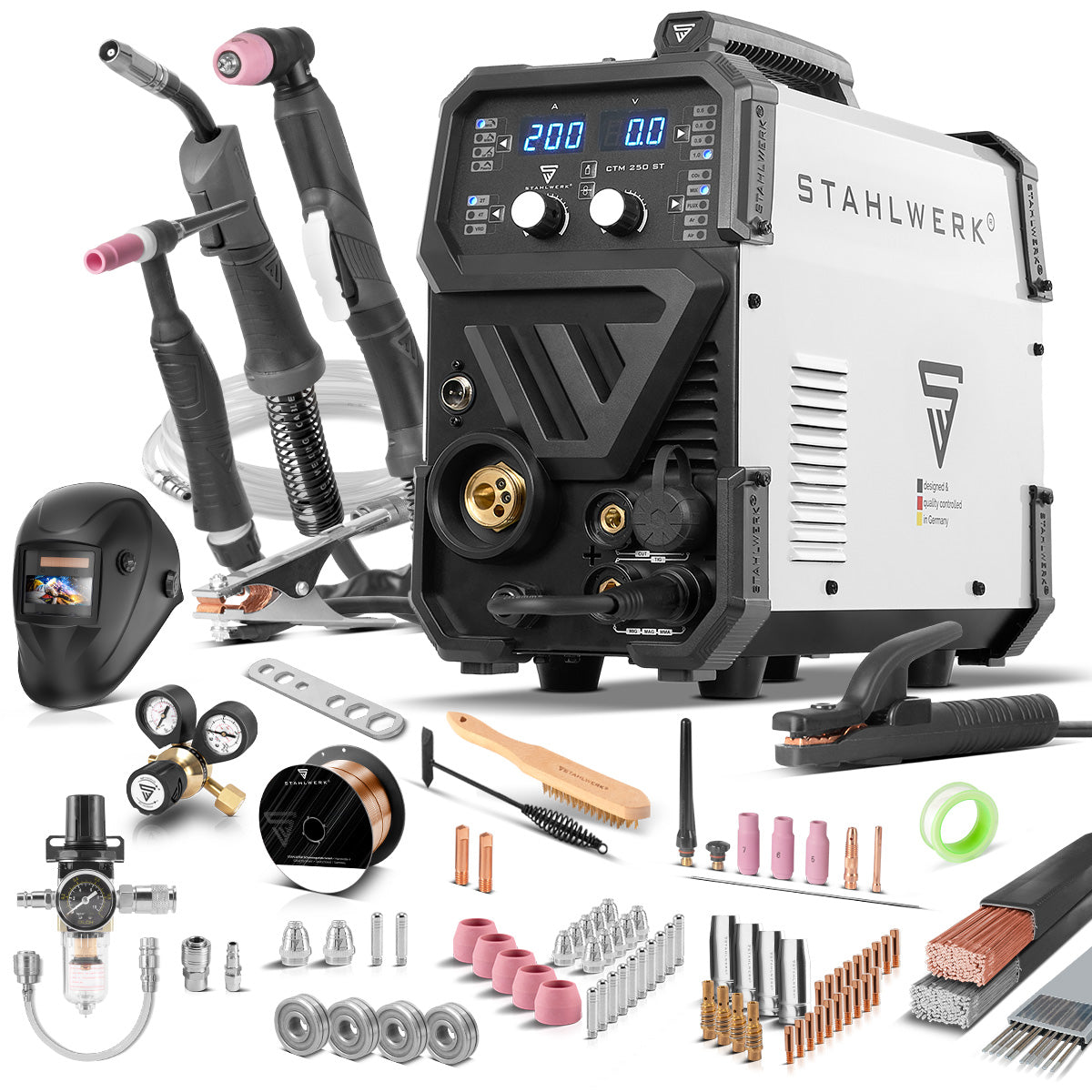 STAHLWERK CTM-250 ST combination welding machine fully equipped with TIG + MIG/MAG + MMA/ARC + CUT/Plasma with 200 amps and 45 amps plasma function