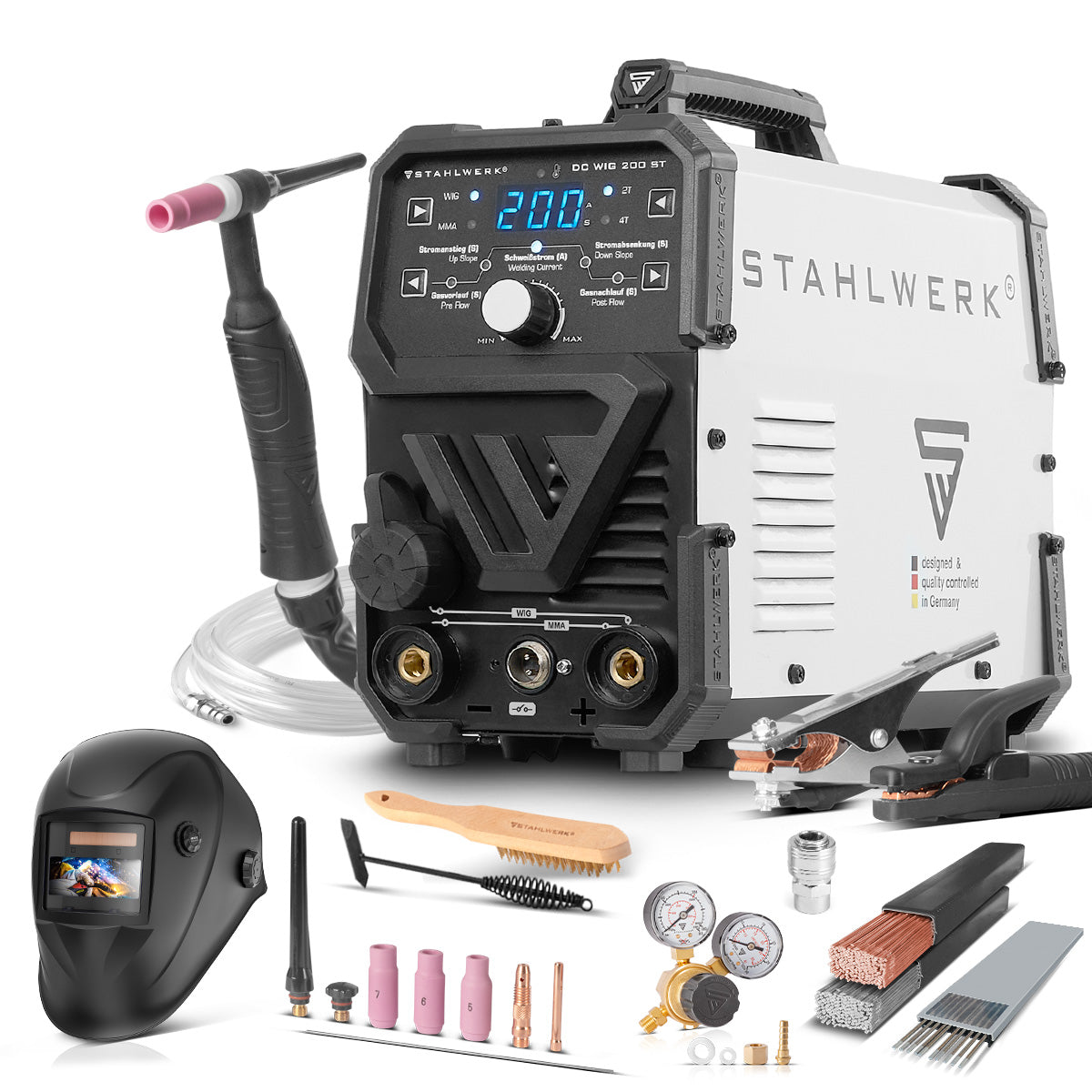 STAHLWERK DC TIG 200 ST 2026 - Fully equipped set - Combi TIG welding machine with 200 A and MMA, welding of steel, stainless steel and much more. (no ALU welding)