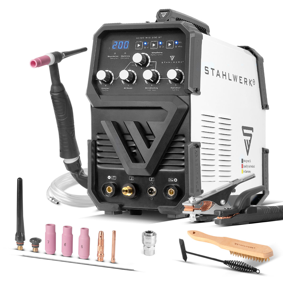 STAHLWERK AC/DC WIG 200 ST | WIG-Schweißgerät mit 200 A | Kombi-Inverter AC/DC WIG und MMA/E-Hand | HF-Zündung | Hotstart und Anti-Stick | 2T und 4T-Modus | AC WIG-Schweißen für Aluminium