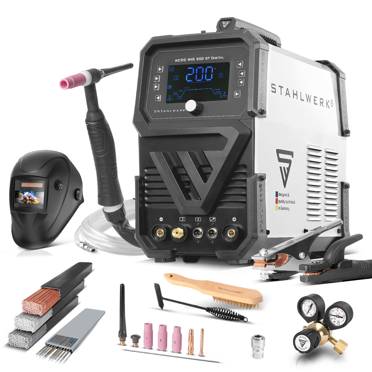 STAHLWERK welding machine AC/DC TIG 200 ST Digital 2026 fully equipped | Combination welding machine | Combination welding system | Aluminum-suitable TIG MMA inverter with 200 A and integrated clean function