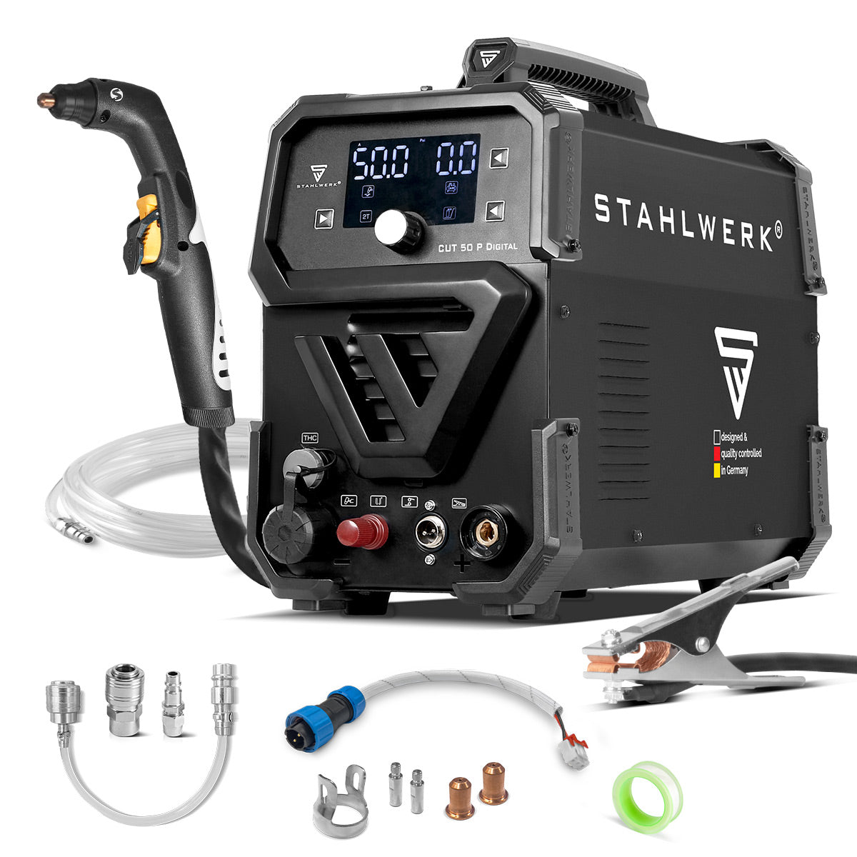 STAHLWERK Plasmaschneider CUT 50 P Digital | 50 A Inverter-Plasmaschneider | HF-Pilotzündung | Digitalanzeige | THC-Schnittstelle für CNC | Schneidleistung bis 20 mm | Plasma Cutter mit 2T/4T-Funktion