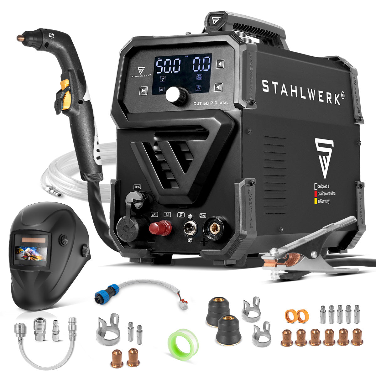 STAHLWERK Plasmaschneider CUT 50 P Digital Vollausstattung | 50A Inverter-Plasmaschneider | Blowback-Zündung | Digitalanzeige | THC-Schnittstelle für CNC | Schneidleistung bis 20 mm | 2T/4T-Funktion