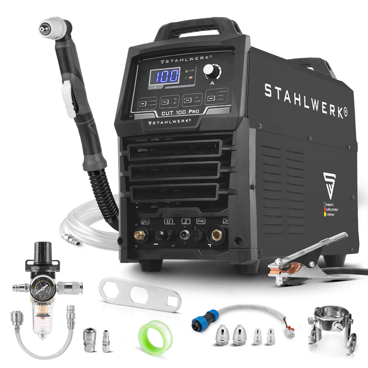 Découpeur plasma STAHLWERK CUT 100 Pro | Découpeur plasma à onduleur 100A | Allumage pilote HF | Affichage numérique | Interface THC pour CNC | Performance de coupe jusqu'à 44 mm | Découpeur plasma avec fonction 2T/4T