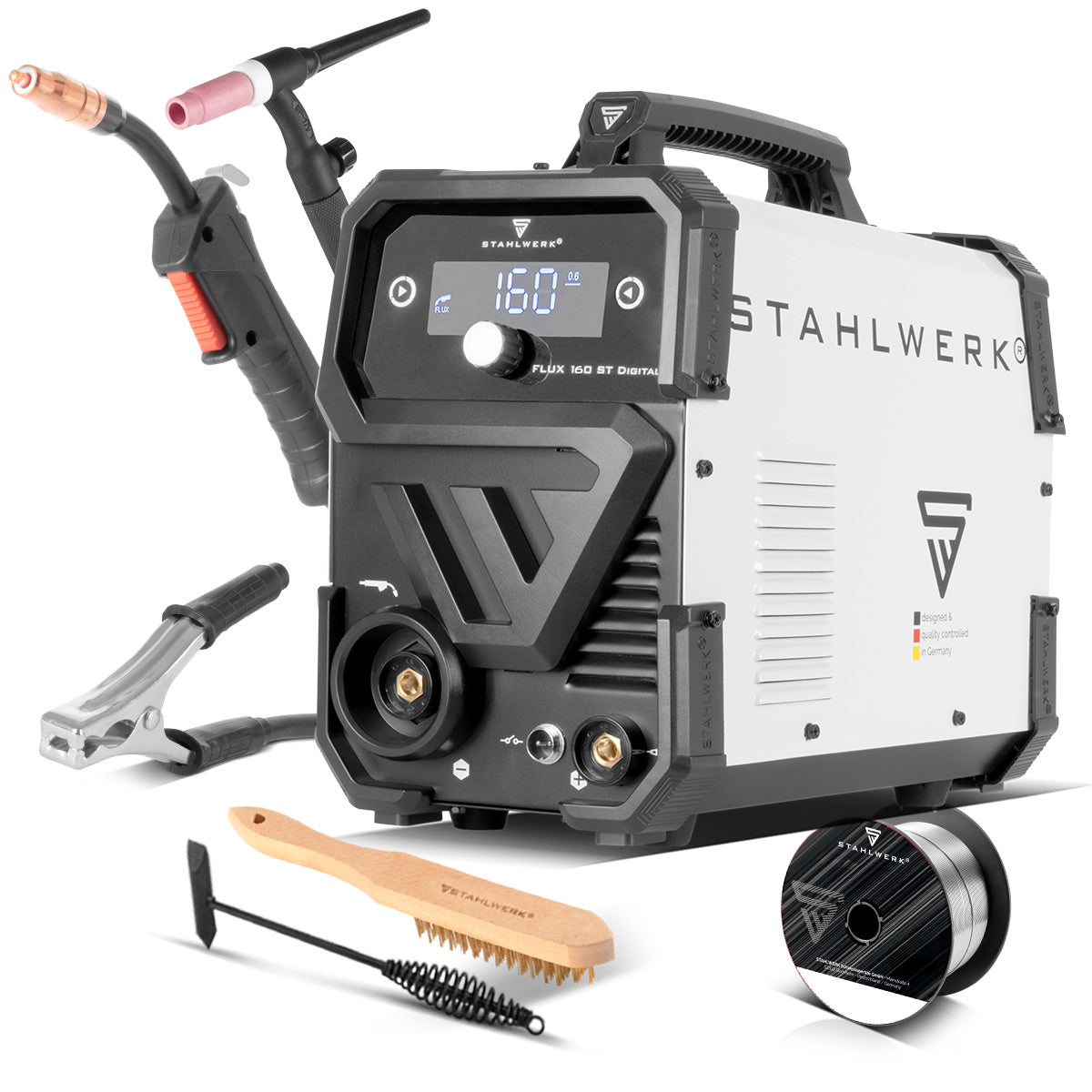 STAHLWERK FLUX 160 ST Digital | Lift TIG starter set | 3-in-1 cored wire inverter 160 A | WP-17V Universal Lift Tig Torch | Combination welding machine for FLUX, MMA, Lift-TIG | Welding without shielding gas