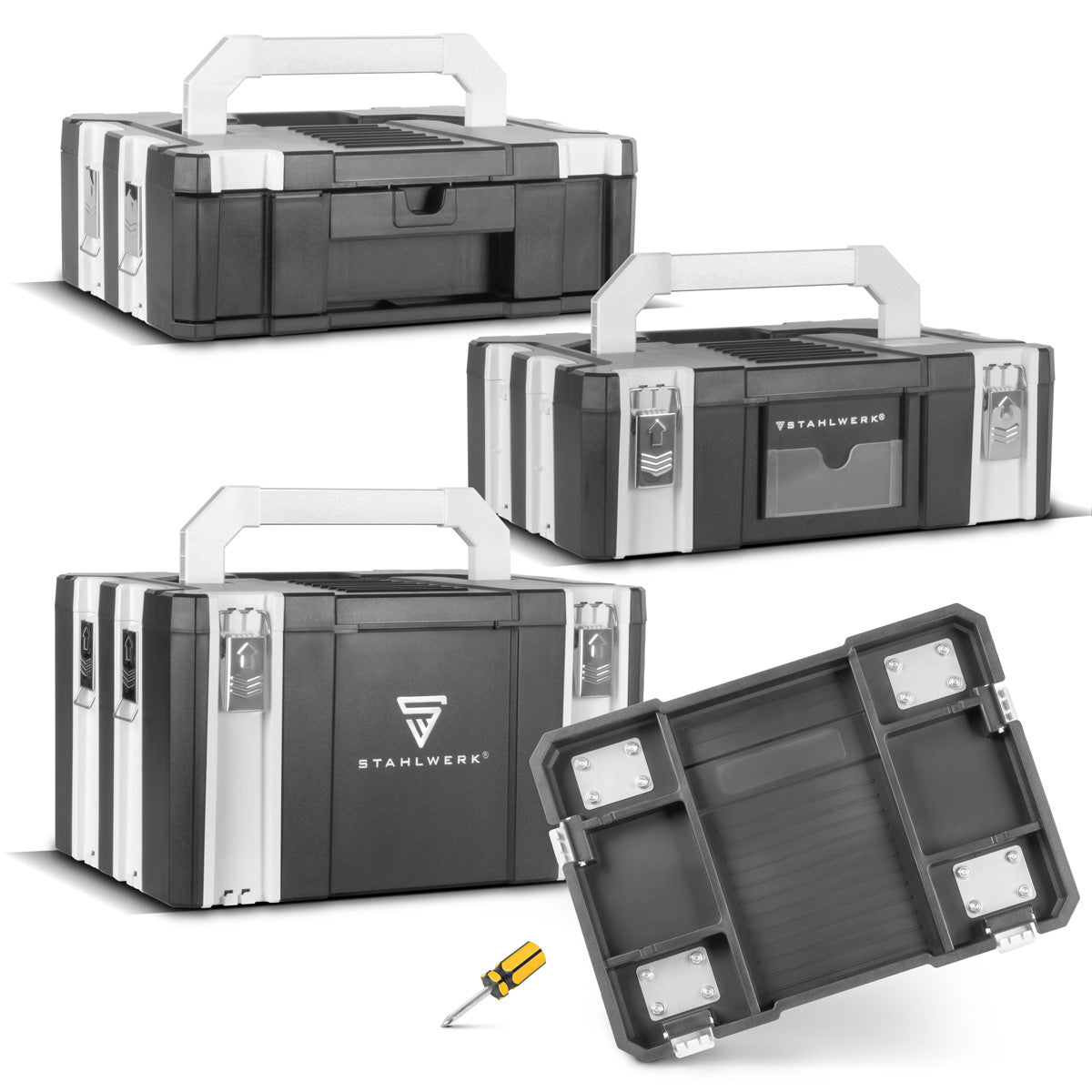 STAHLWERK Toolbox Set | 3 stackable tool boxes | Mobile tool organizer with drawer and rolling board | Flexible module system with robust assortment boxes | Tool trolley