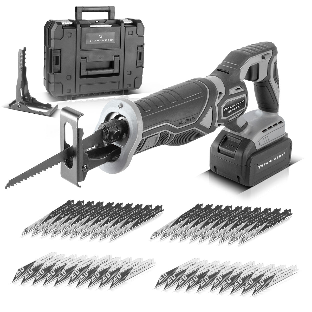 STAHLWERK Brushless-Akku-Säbelsäge BRS-20 ST | 20 Volt Universalsäge | 4 Ah Li Ion Akku | 40 Ersatzblätter (20 x Holz, 20 x Metall) | Schnellspannfutter | Hublänge 28 mm | 0-2.600 U/min