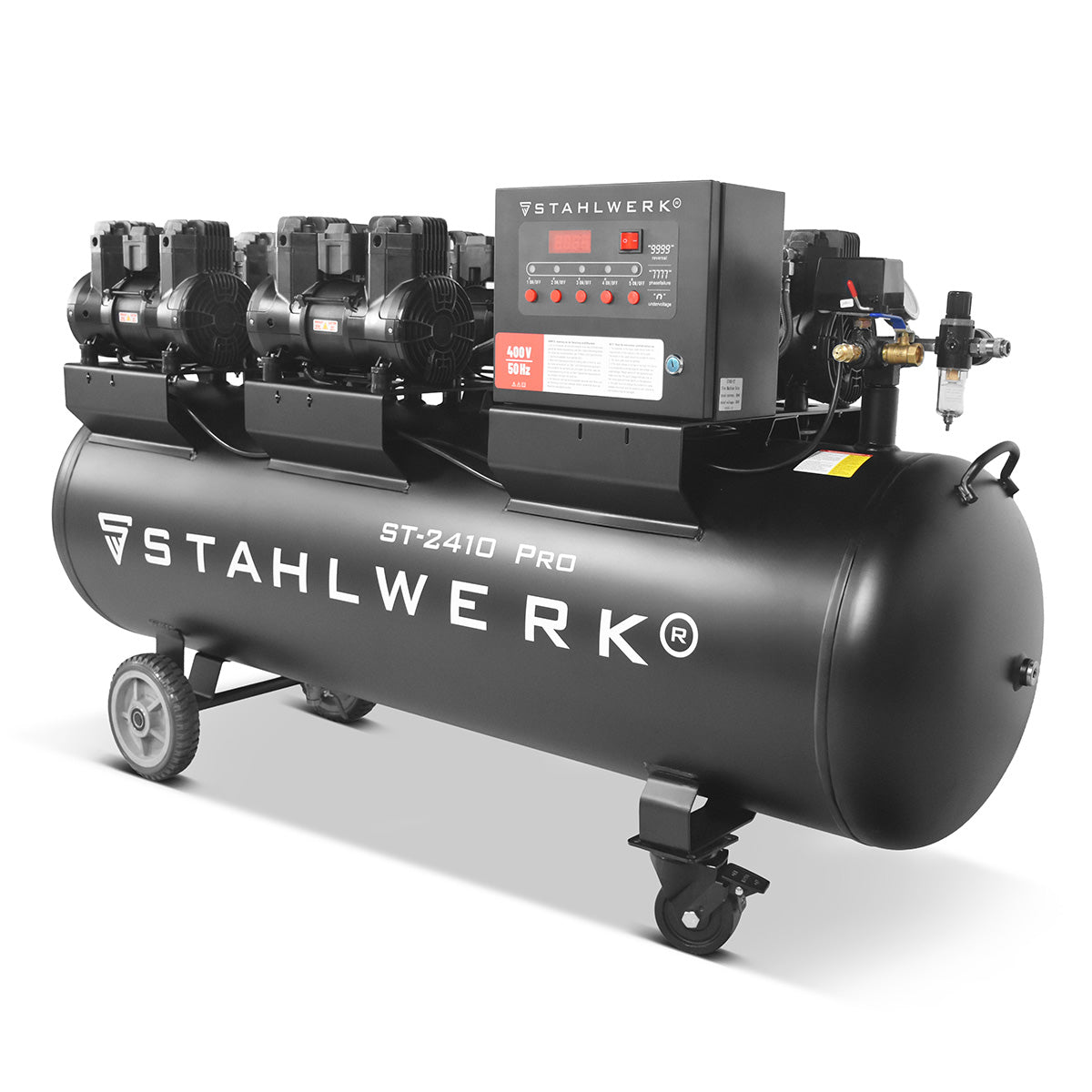 STAHLWERK compressor ST-2410 Pro with 10 bar | 9.86 hp | 7.25kW | 1250 l/min | 240 L tank oil-free compressed air compressor | Piston compressor | Silent compressor | Whisper compressor with brushless motors