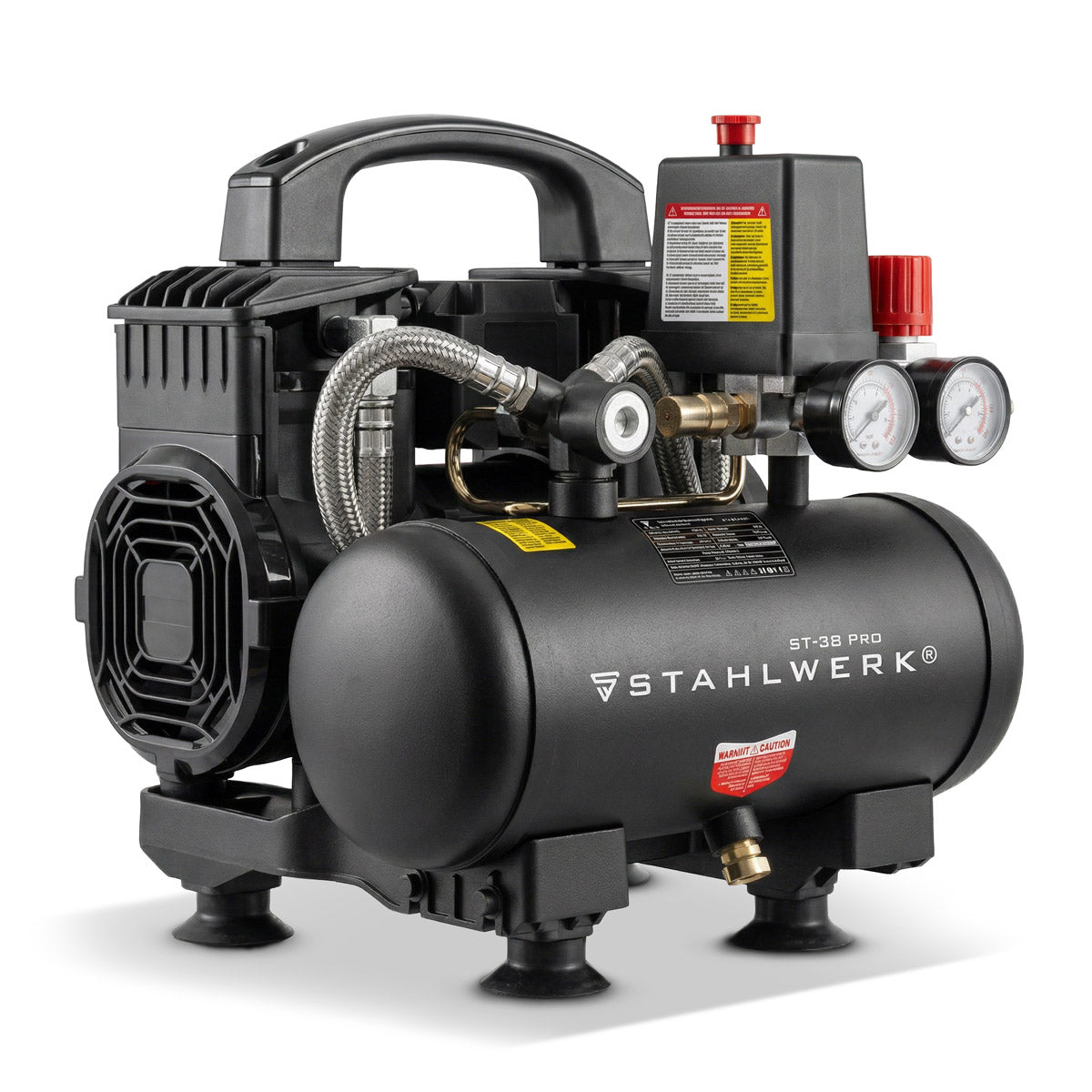 STAHLWERK compressor ST-38 Pro with 8 bar | 1.60 HP | 1.18kW | 190 l/min | 3 L tank oil-free compressed air compressor | Piston compressor | Silent compressor | Whisper compressor with brushless motors