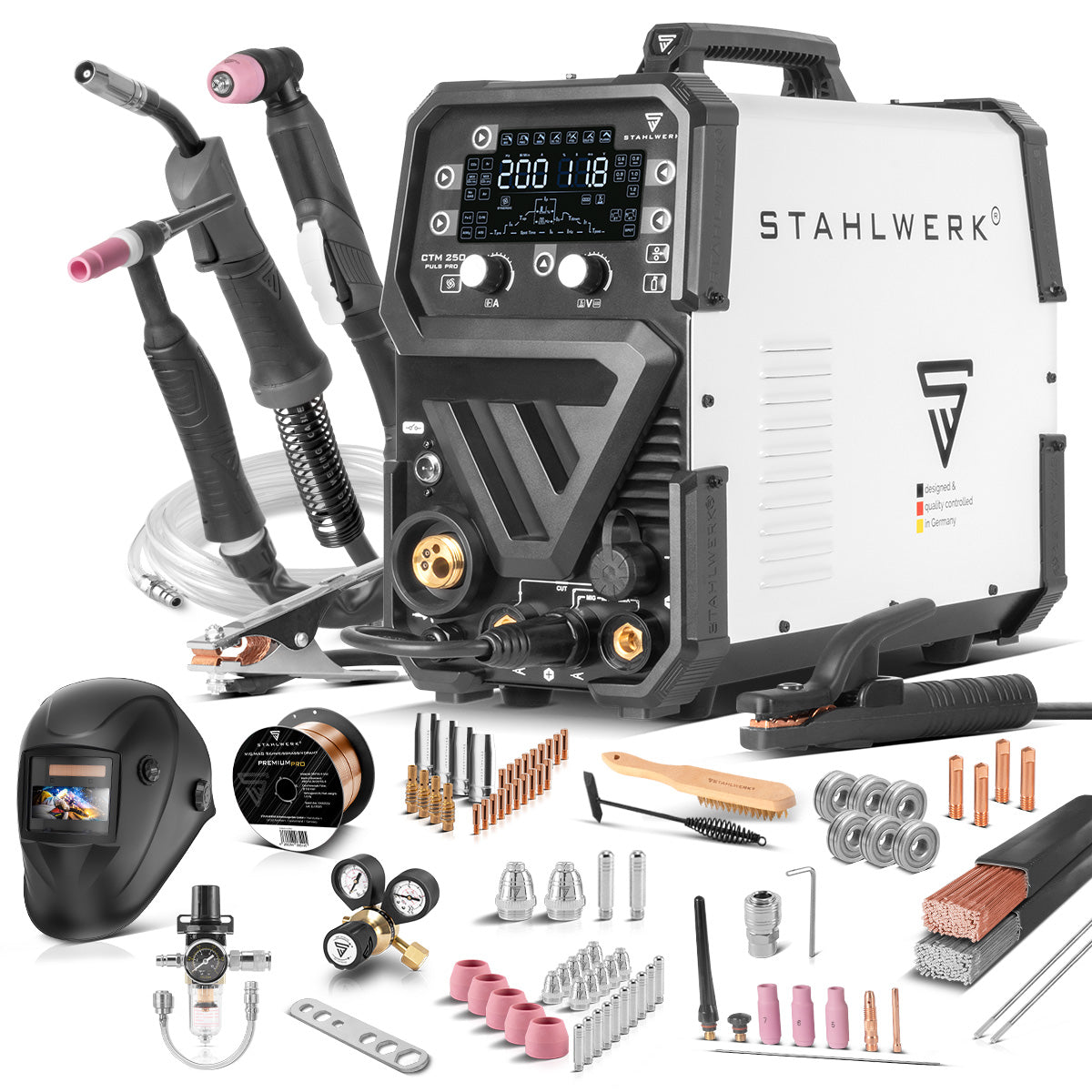 STAHLWERK combination welding machine CTM-250 Puls Pro 6-in-1 welding machine with 200 A | Fully equipped | 45A plasma cutter | Pulse function | Synergic wire feeder | TIG | MIG MAG | PULSE | MMA | FLUX
