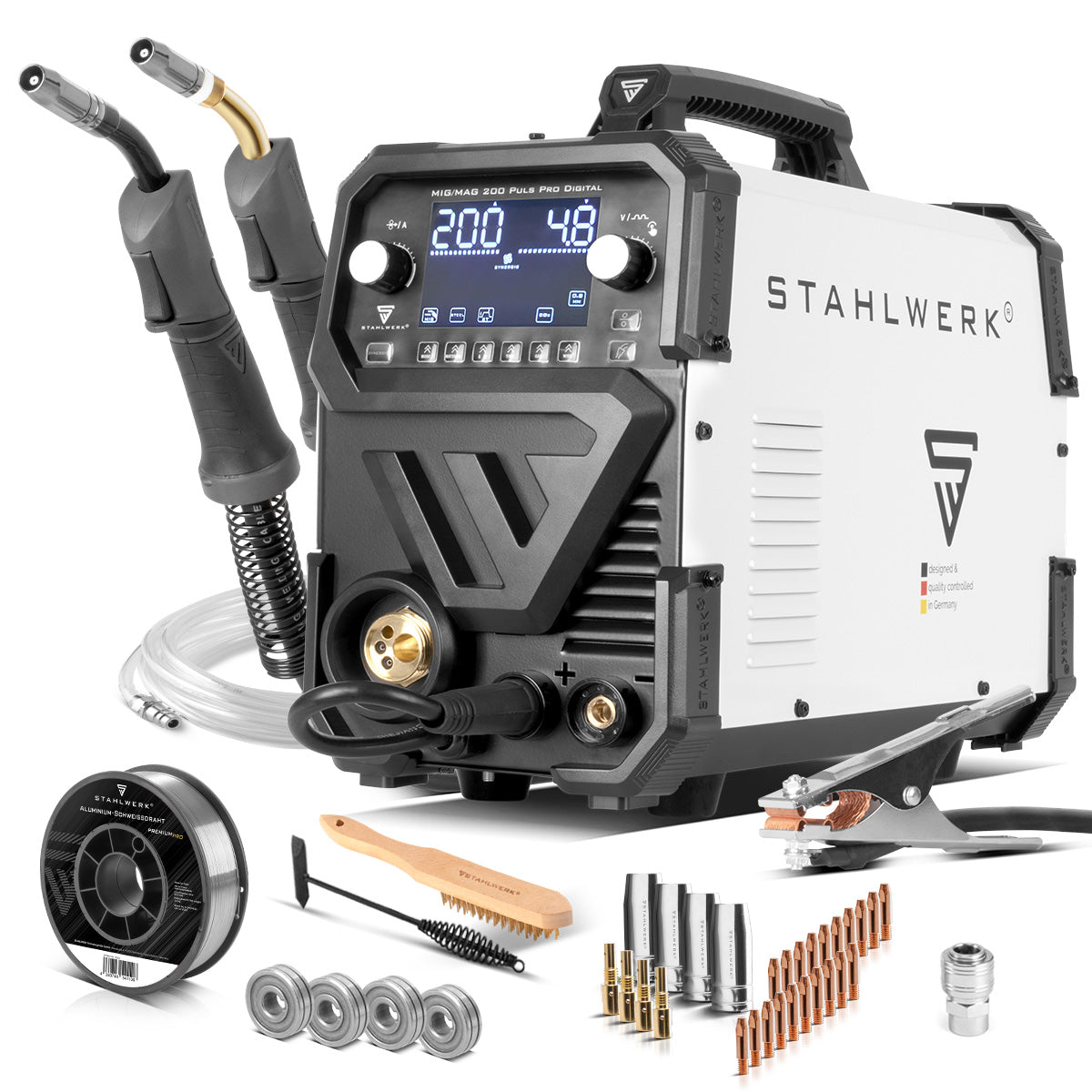 STAHLWERK MIG MAG 200 Puls Pro Digital Alu-Set | Schutzgas-Schweißgerät | IGBT Inverter 200 A | Synergischer Drahtvorschub | 4-Rollen-Antrieb, FLUX, Lift-TIG, MMA, CuSi, MIG-Puls für Alu