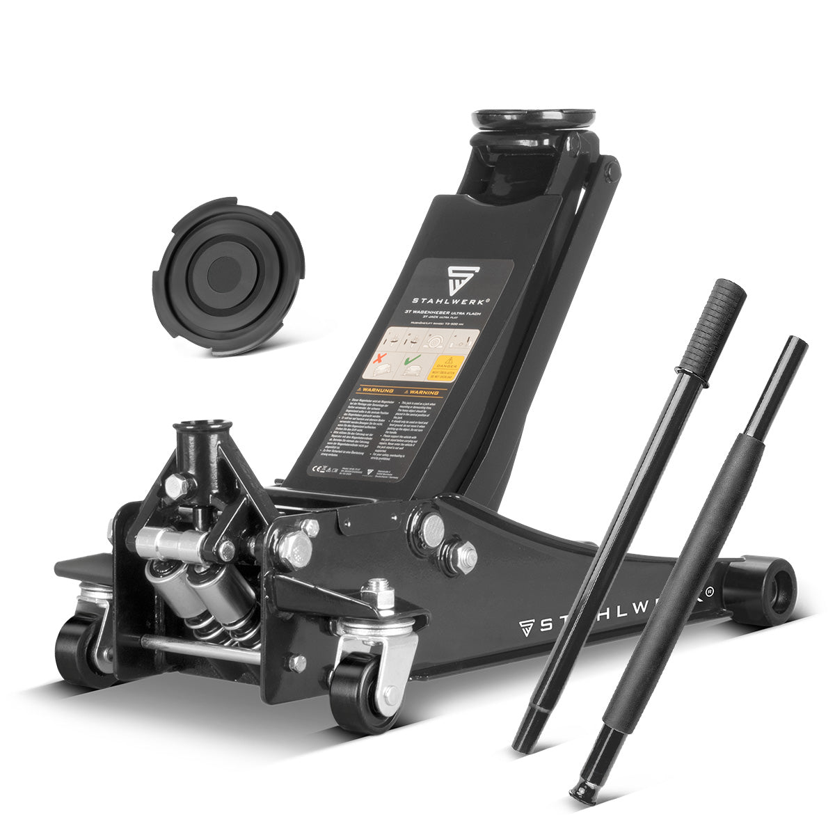STAHLWERK Wagenheber WHF-73 ST mit 3 t Tragkraft, Long-Life-Stahlrollen, Doppelhubkolben und 73-500 mm Hubbereich | Extra flacher Rangierwagenheber | Hydraulik-Wagenheber | Schwarzer Autoheber