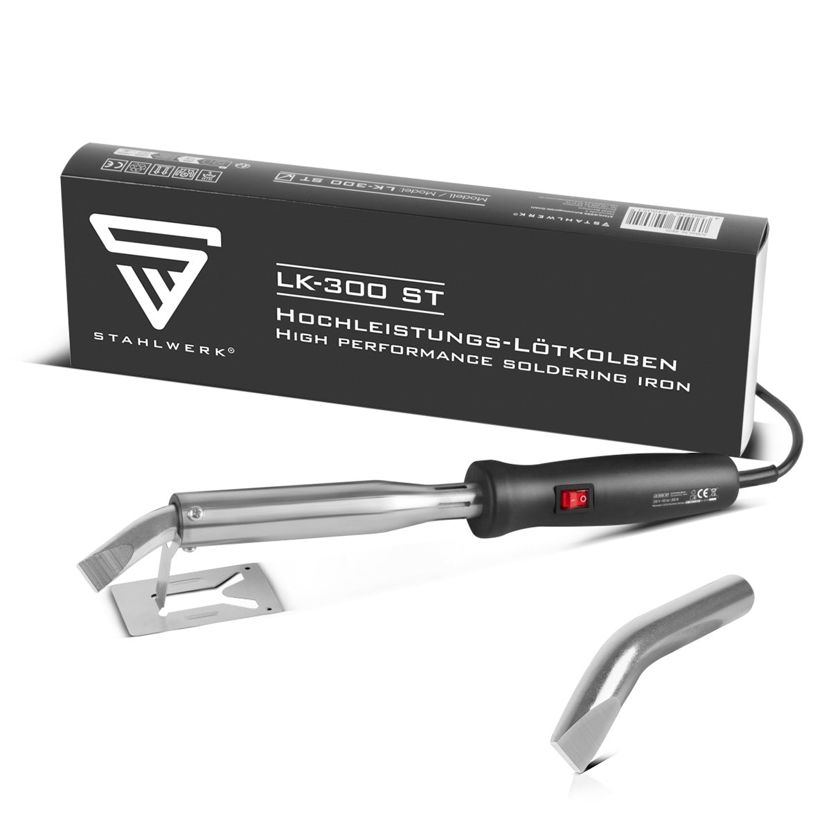 STAHLWERK Hochleistungs-Lötkolben LK-300 ST | Elektrisches Lötgerät inklusive Ersatzlötspitze | Lötstation mit 300 W Leistung | 500°C Spitzentemperatur zum Löten und Entlöten