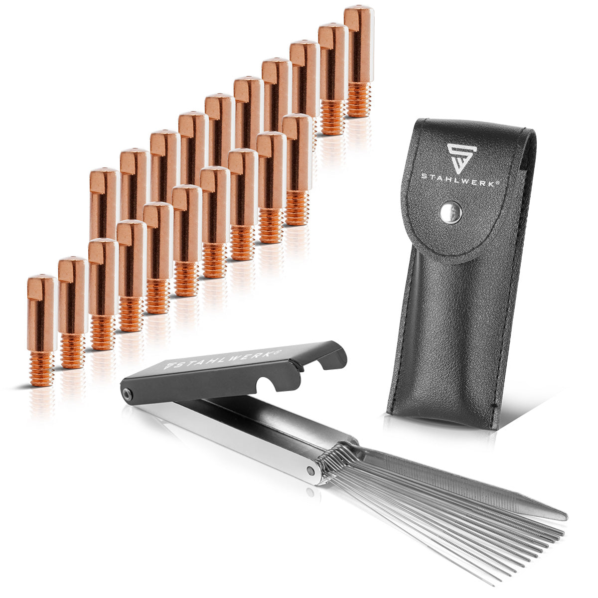 STAHLWERK MIG MAG contact tip set | Set of 20 contact tips M6x25 0.9 mm | 13-in-1 nozzle cleaner in a case | Accessories for AK15, MB15, AK14, MB14 | Cleaning and wear parts set for MIG/MAG welding torches