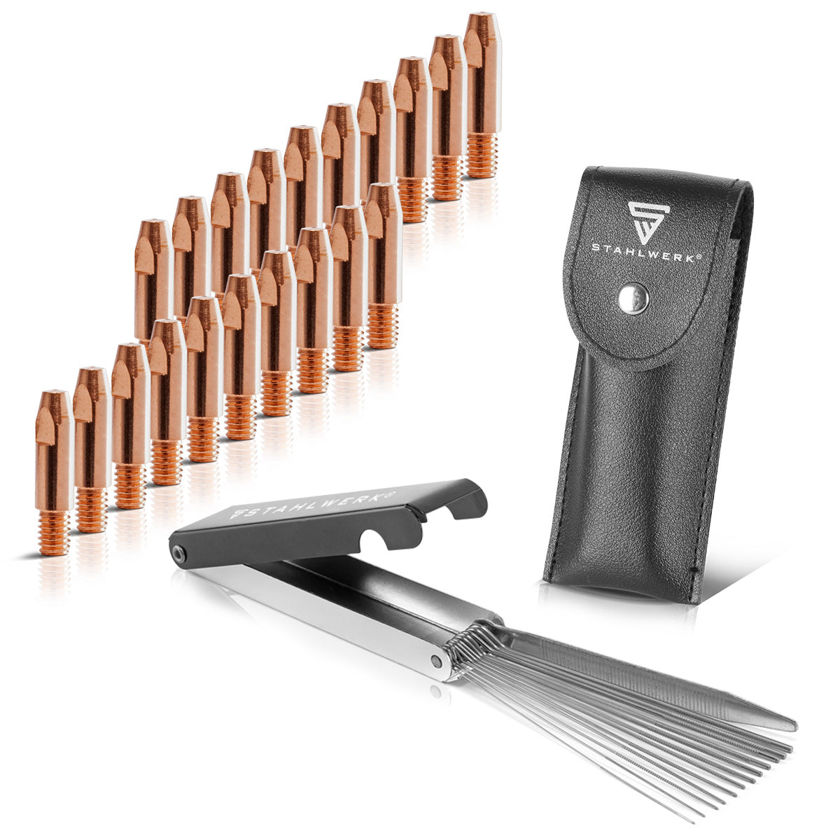STAHLWERK MIG MAG contact tip set | Set of 20 contact tips M6x28 0.8 mm | 13-in-1 nozzle cleaner in a case | Accessories for AK25, MB25, KD24, MB24 | Cleaning and wear parts set for MIG/MAG welding torches