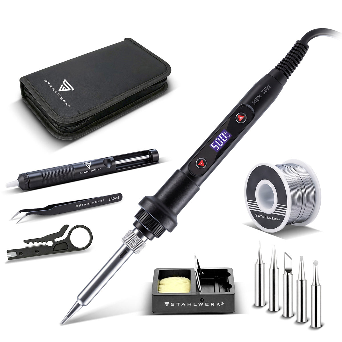 Digitales Lötkolben-Set 80 W | 180-500 °C | LCD-Display, Keramik-Heizelement, Temperaturkalibrierung und Speicherfunktion | für Weichlötarbeiten