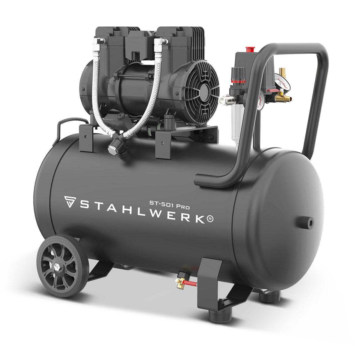 STAHLWERK Kompressor ST-501 Pro mit 10 bar | 1,97 PS | 1,45 kW | 250 l/min | 50 L Tank | Ölfreier Druckluft-Kompressor | Kolben-Kompressor | Silent-Kompressor | Flüster-Kompressor mit Brushless-Motor