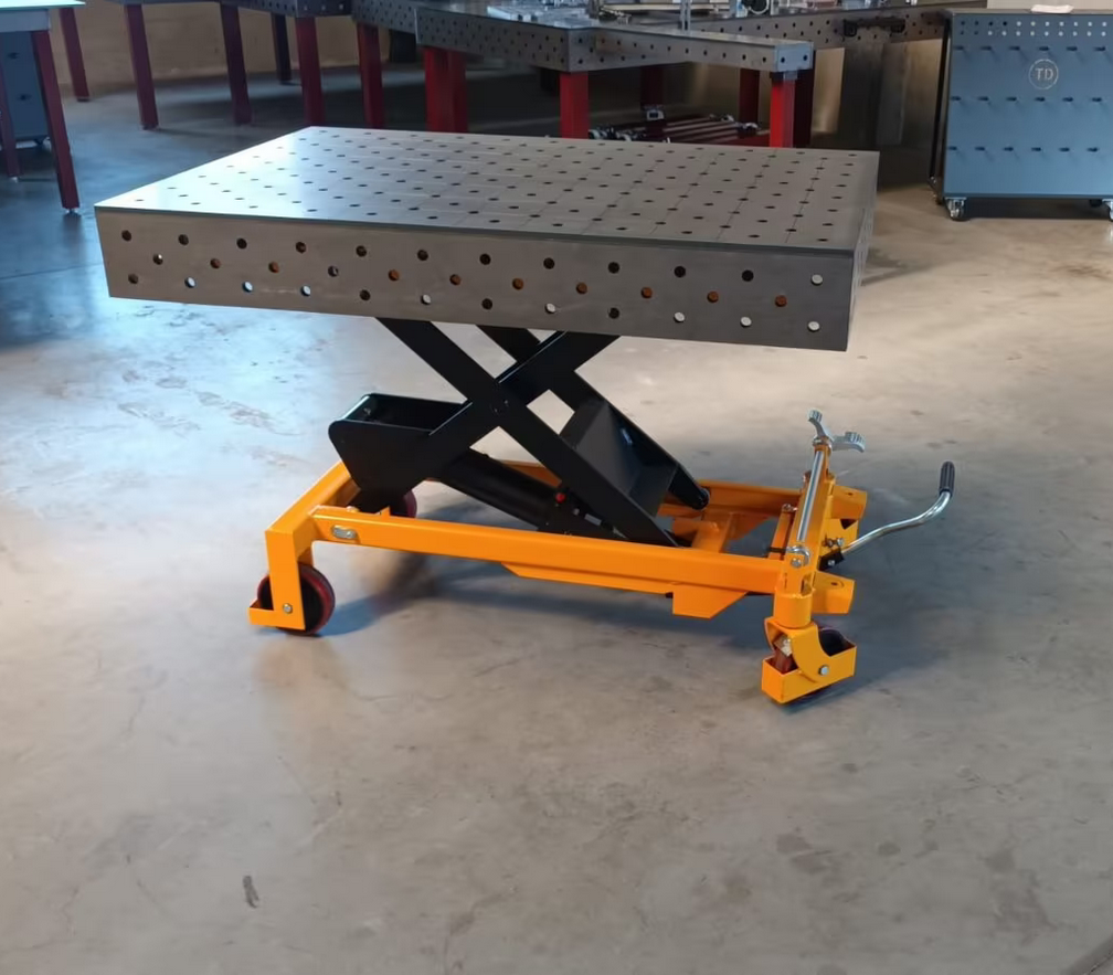 Acciaio in acciaio Svizzera altezza - Tabella del sudore rettificabile 1200 x 800 mm Tabella di montaggio idraulico con area di sollevamento da 500 - 1100 mm, capacità di carico di 750 kg, piastra D16 fori