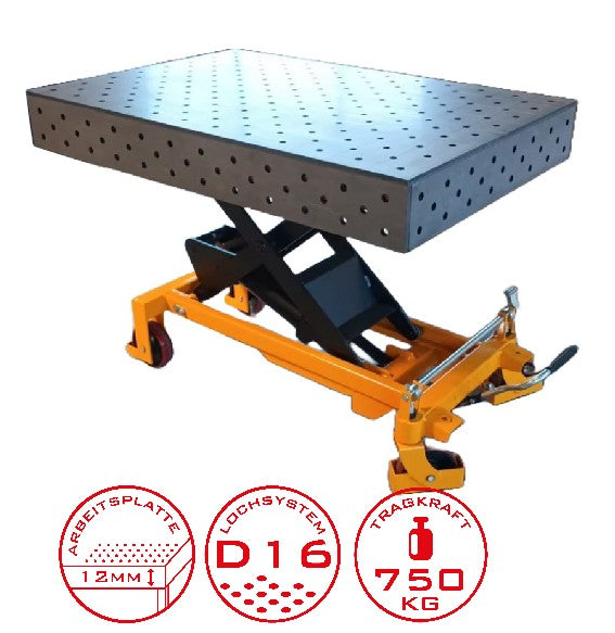 Acciaio in acciaio Svizzera altezza - Tabella del sudore rettificabile 1200 x 800 mm Tabella di montaggio idraulico con area di sollevamento da 500 - 1100 mm, capacità di carico di 750 kg, piastra D16 fori
