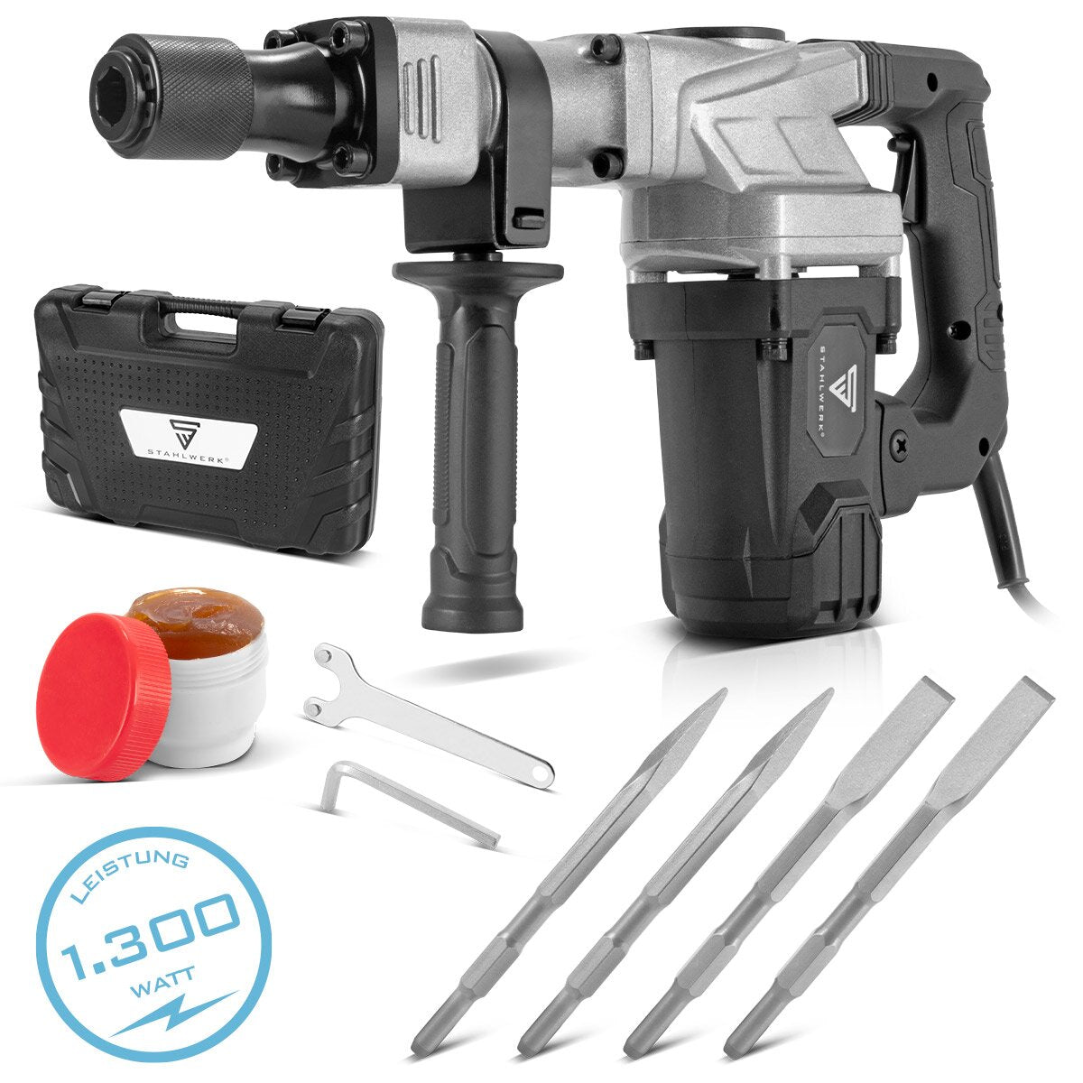 Hammer de démolition en acier AH-1300 ST avec 1 300 W de puissance, 4 000 traits par minute et 20 J Clipper STEMMhammer | Meißelhammer | Schlager | Bohrhammer | Hammer de démolition avec ciseau pointu et plat