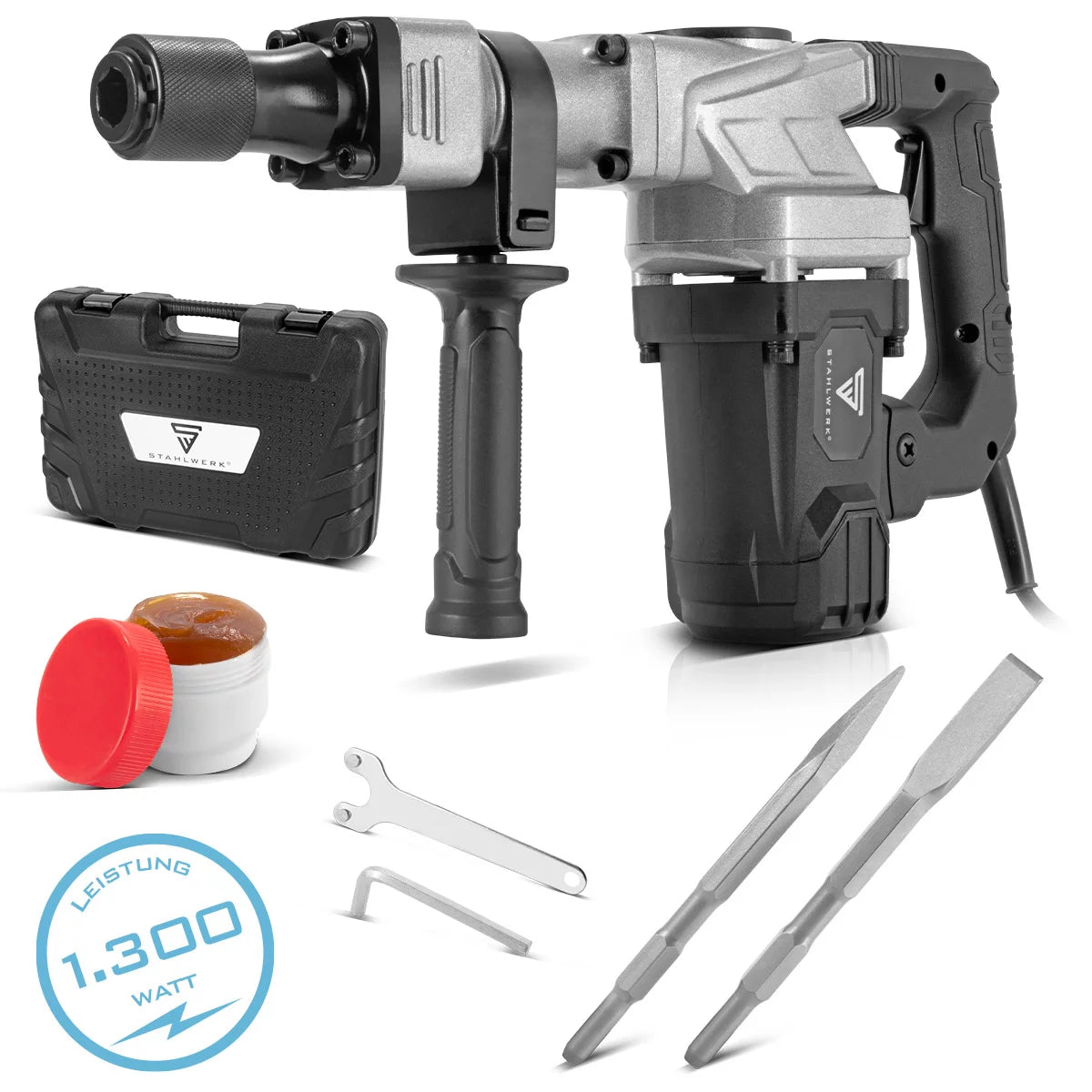 Hammer de démolition en acier AH-1300 ST avec 1 300 W de puissance, 4 000 traits par minute et 20 J Clipper STEMMhammer | Meisselhammer | Schlager | Bohrhammer | Hammer de démolition avec ciseau pointu et plat