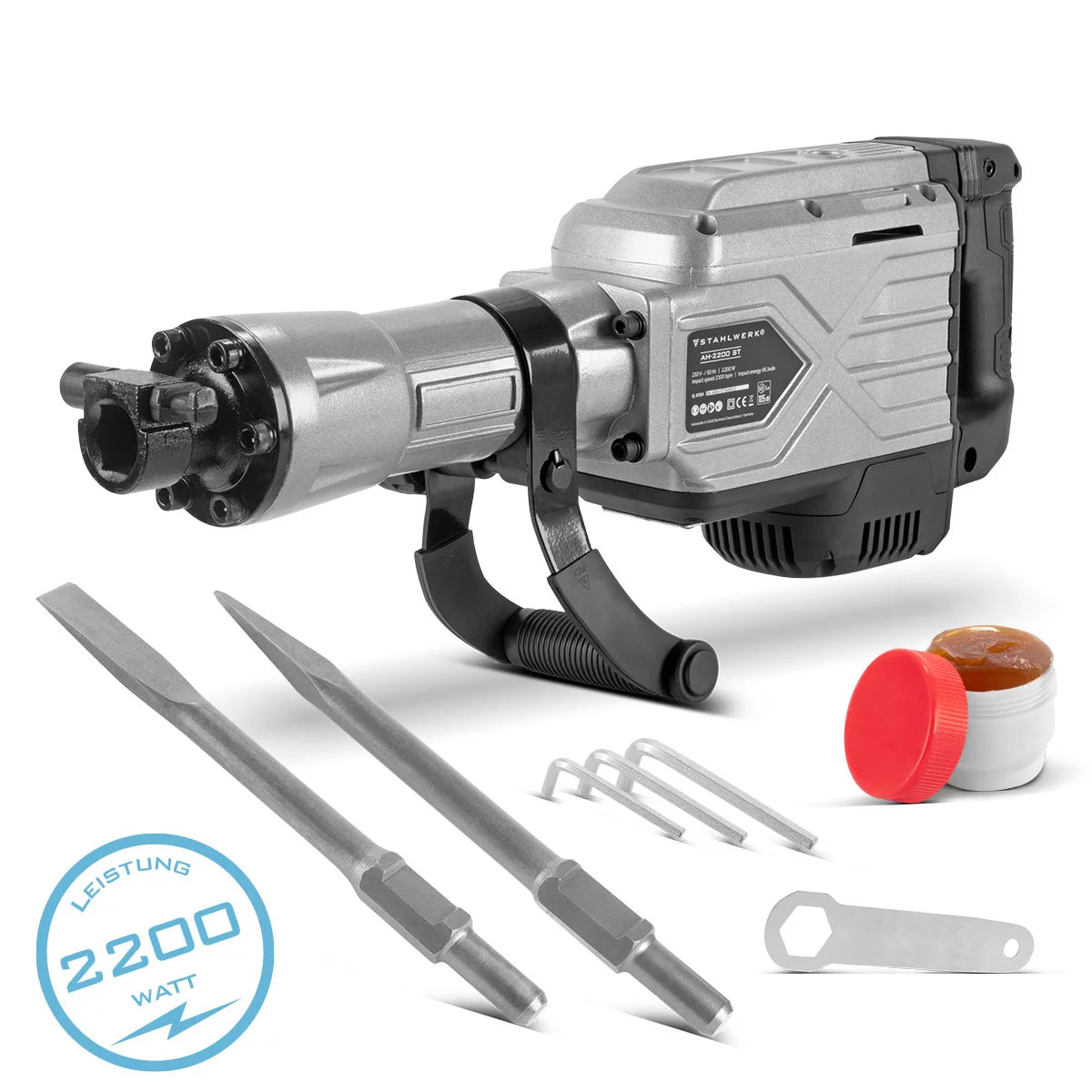 Hammer de démolition en acier AH-2200 ST avec 2 200 W électricité, 2 100 traits par minute et 65 J Clipper STEMMhammer | Meißelhammer | Schlager | Bohrhammer | Hammer de démolition avec ciseau pointu et plat