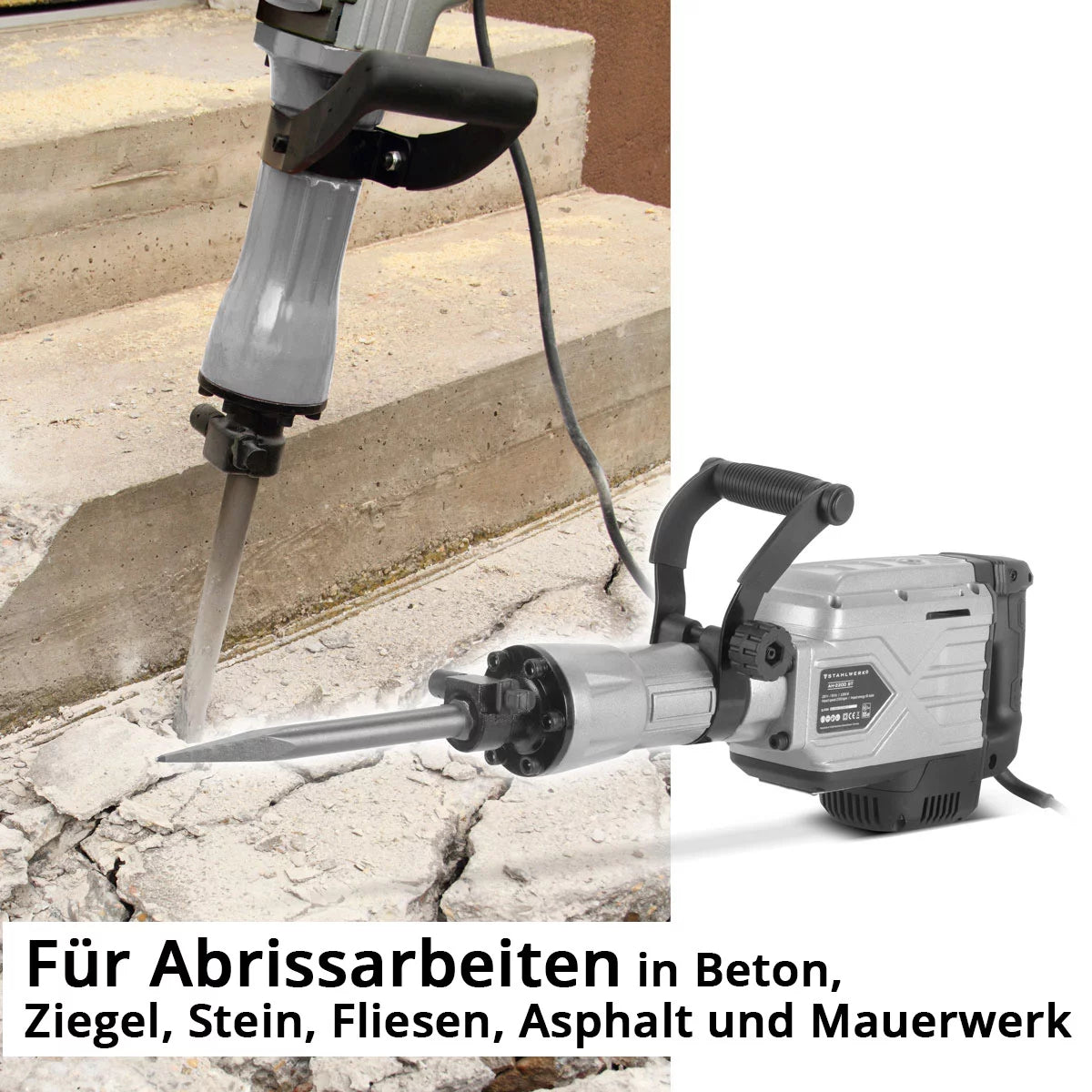Hammer de démolition en acier AH-2200 ST avec 2 200 W électricité, 2 100 traits par minute et 65 J Clipper STEMMhammer | Meißelhammer | Schlager | Bohrhammer | Hammer de démolition avec ciseau pointu et plat