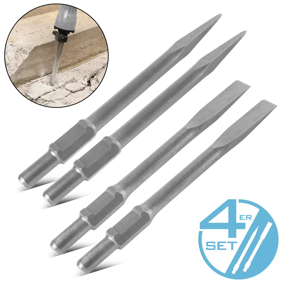 Chisel en acier 4 set avec 2 ciseaux plats et 2 ciseaux pointus 30 x 380 mm Enregistrement hexagone pour le marteau de démolition | STEMMhammer | Meißelhammer | Schlager | Bohrhammer | Marteau de démolition