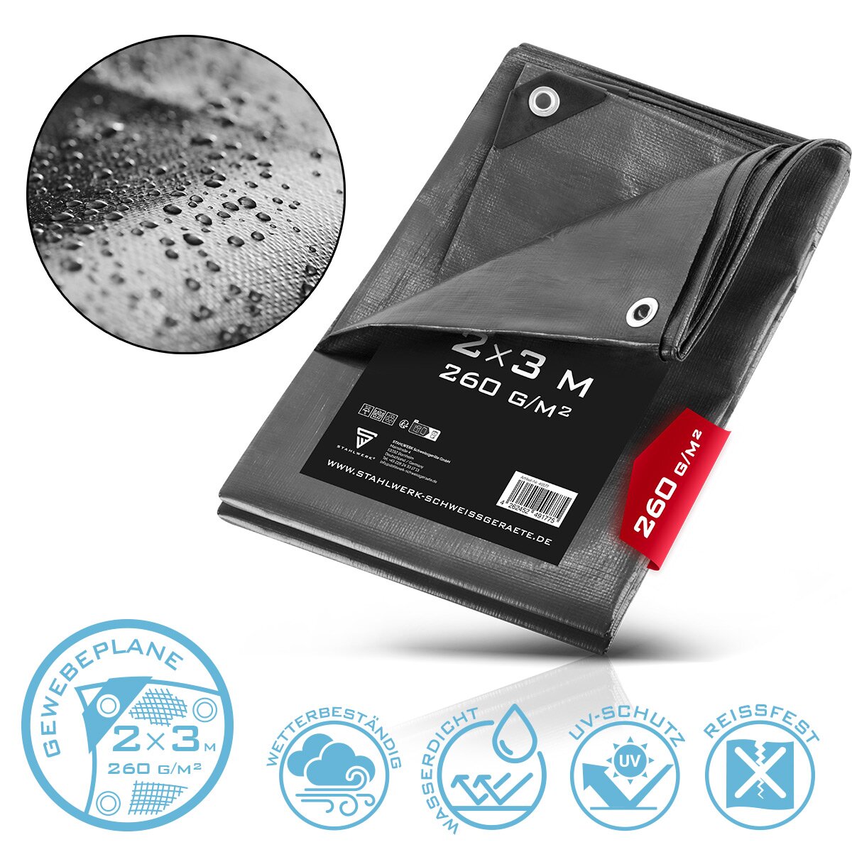 STAHLWERK Abdeckplane mit Ösen 2 x 3 m 260 g/m² wasserdichte Schutzplane | Gewebeplane | Gartenplane | Bootsplane | Holzplane | PE Plane