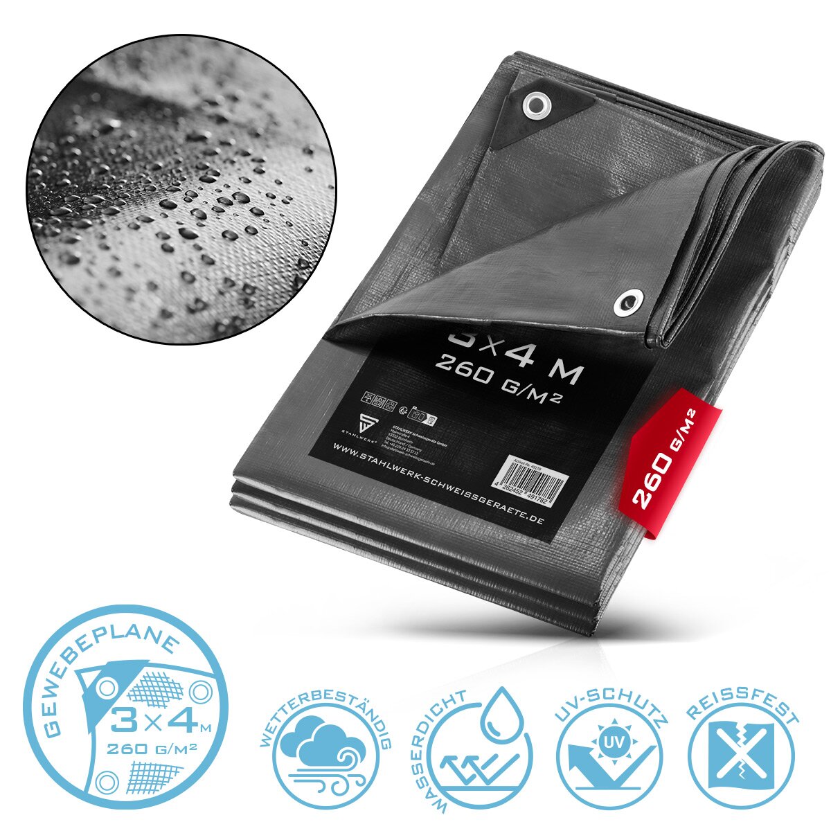 STAHLWERK Abdeckplane mit Ösen 3 x 4 m 260 g/m² wasserdichte Schutzplane | Gewebeplane | Gartenplane | Bootsplane | Holzplane | PE Plane