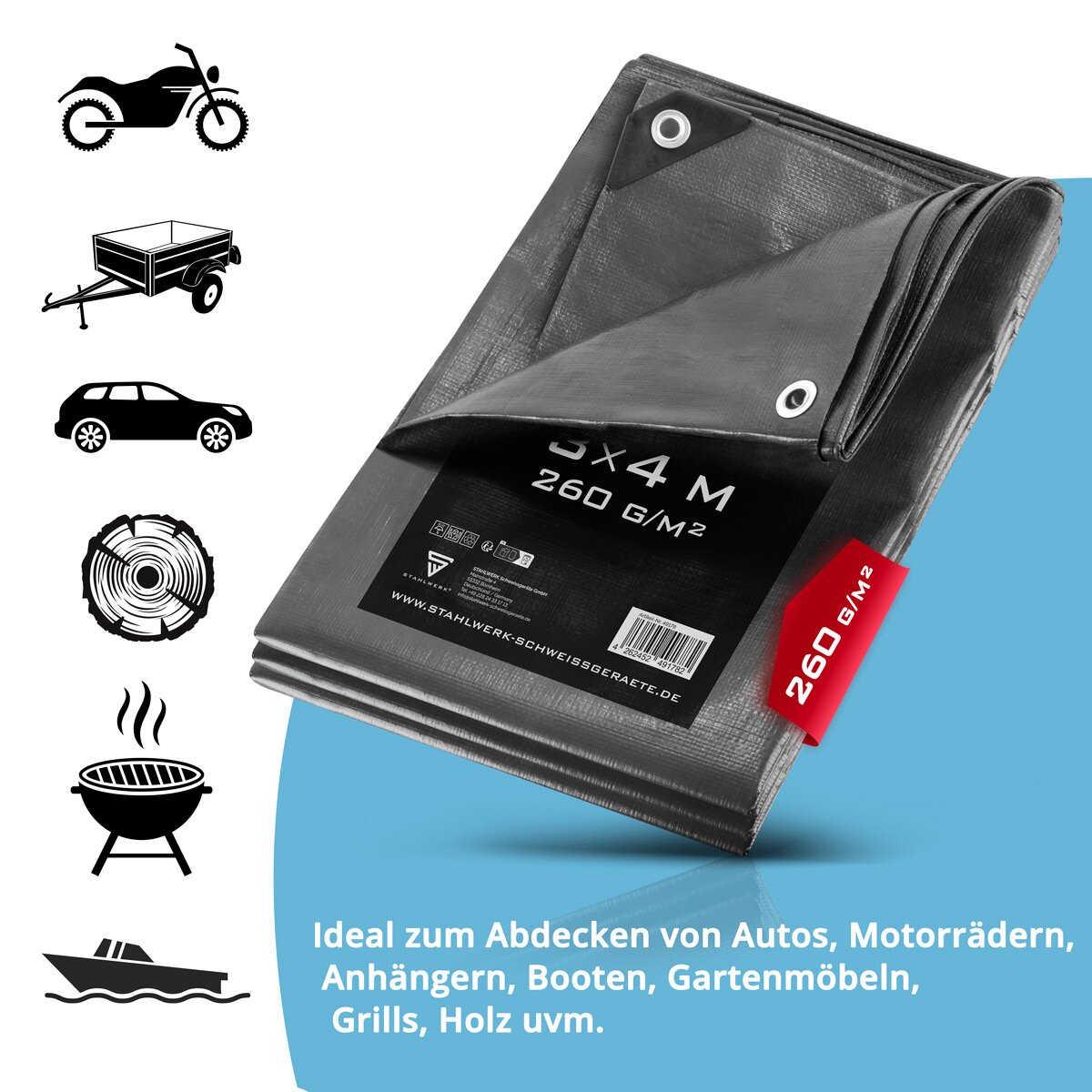 STAHLWERK Abdeckplane mit Ösen 3 x 4 m 260 g/m² wasserdichte Schutzplane | Gewebeplane | Gartenplane | Bootsplane | Holzplane | PE Plane