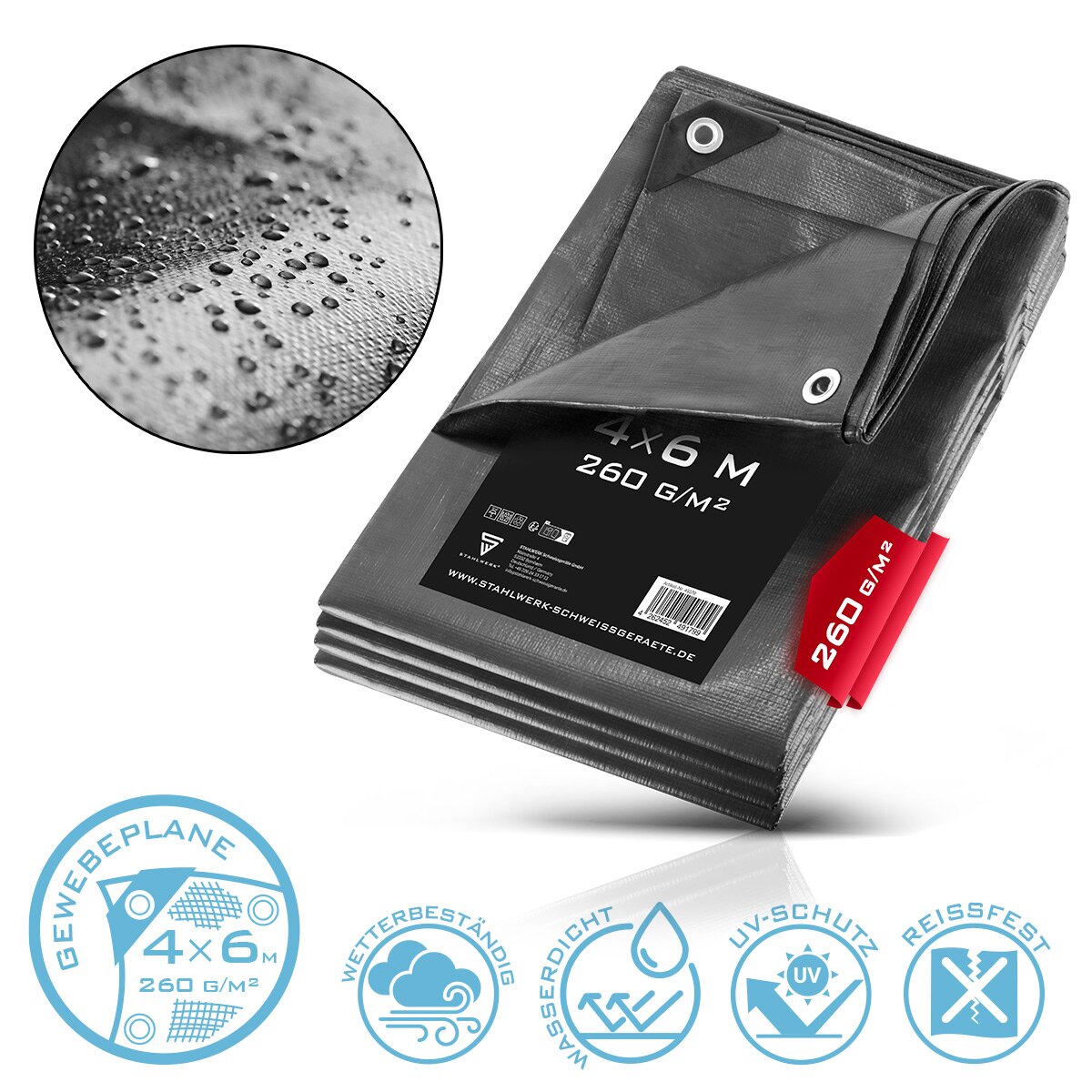 STAHLWERK Abdeckplane mit Ösen 4 x 6 m 260 g/m² wasserdichte Schutzplane | Gewebeplane | Gartenplane | Bootsplane | Holzplane | PE Plane