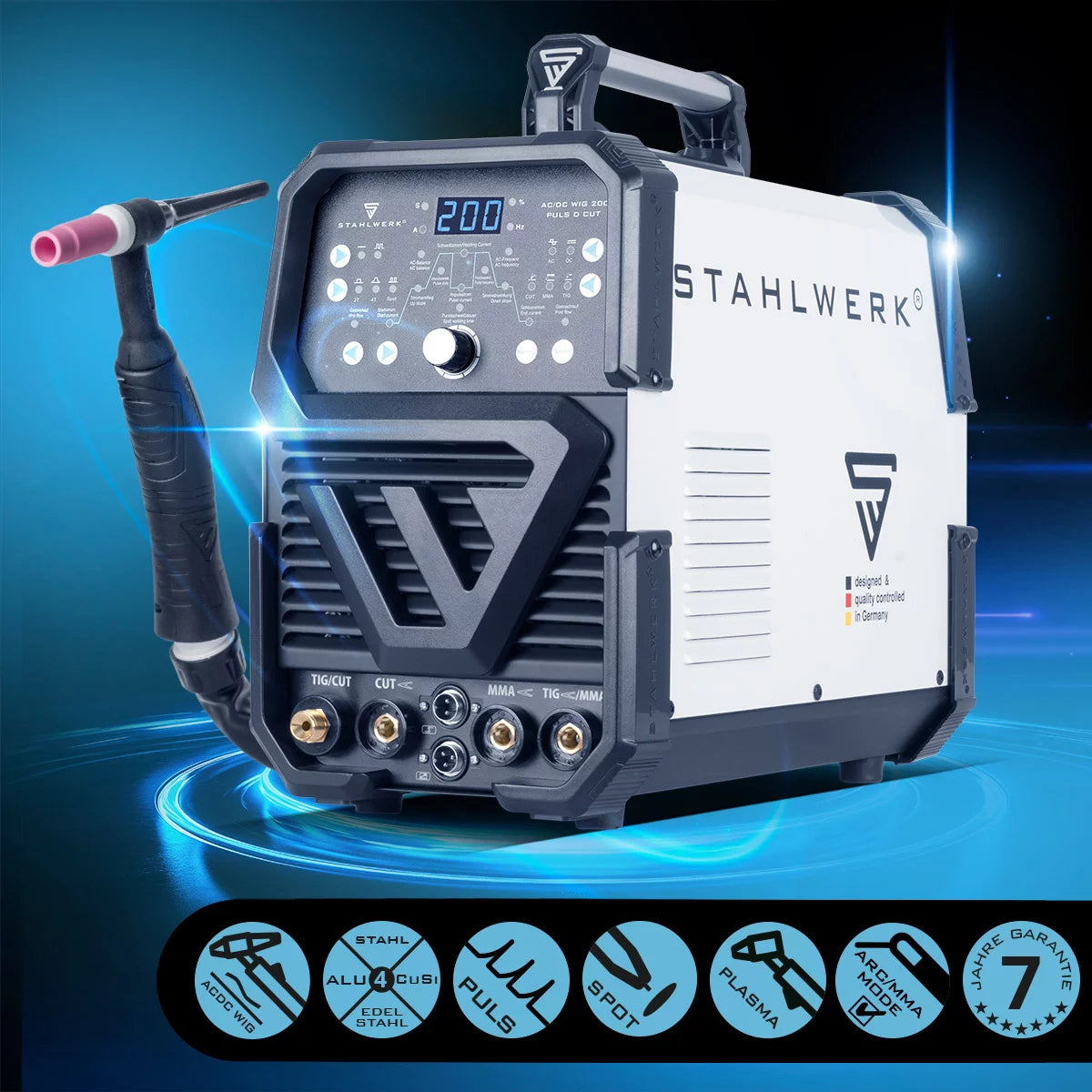 STAHLWERK 4-in-1 Kombi-Schweißgerät AC/DC WIG 200 Puls D CUT Vollausstattung, digitaler 200 A IGBT Inverter mit AC/DC WIG | MMA | Puls-Funktion und integriertem 50 A Plasmaschneider, geeignet für Alu und Dünnblech
