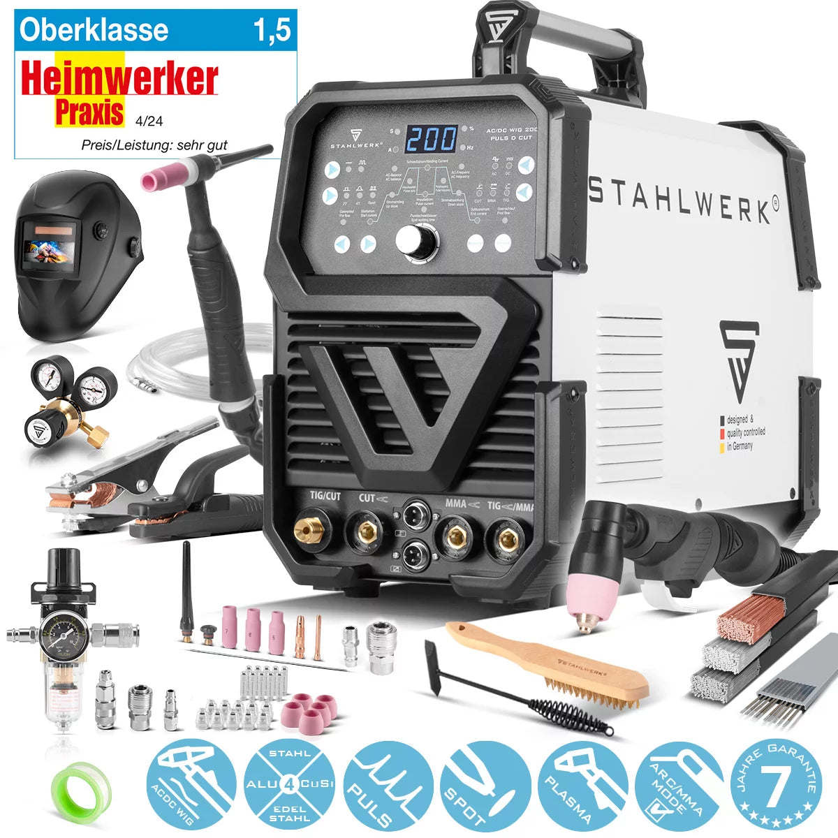 STAHLWERK 4-in-1 Kombi-Schweißgerät AC/DC WIG 200 Puls D CUT Vollausstattung, digitaler 200 A IGBT Inverter mit AC/DC WIG | MMA | Puls-Funktion und integriertem 50 A Plasmaschneider, geeignet für Alu und Dünnblech