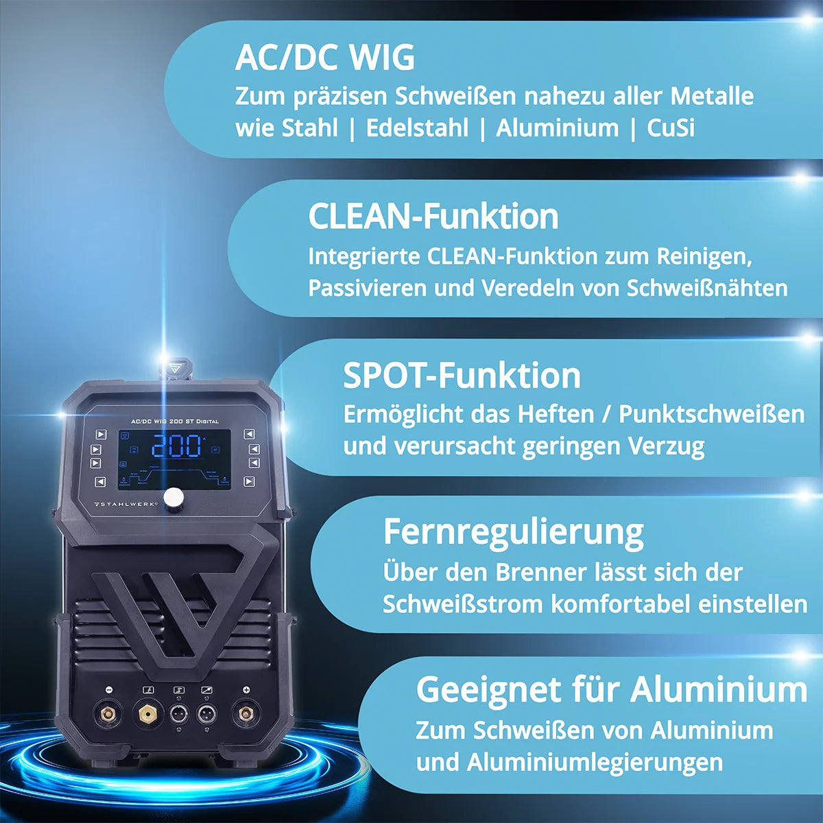 ماكينة لحام STAHLWERK AC/DC TIG 200 ST ديجيتال 2026 مجهزة بالكامل | ماكينة لحام مجمعة | نظام اللحام المركب | عاكس TIG MMA مناسب للألمنيوم بقدرة 200 أمبير ووظيفة تنظيف متكاملة