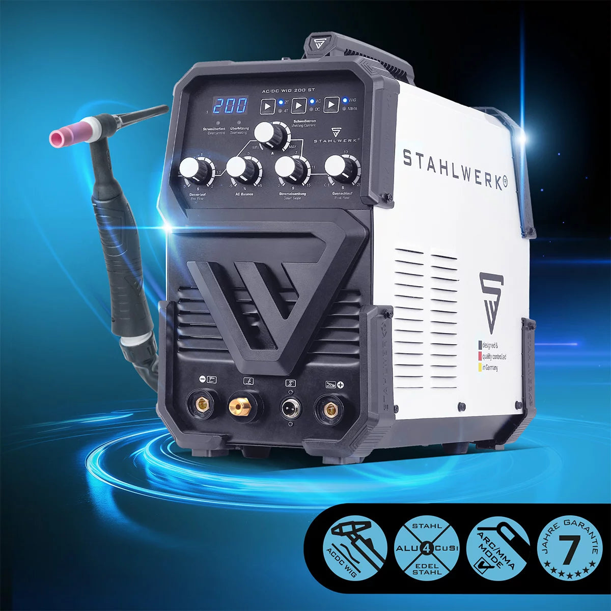 STAHLWERK AC/DC TIG 200 ST IGBT معدات كاملة، آلة لحام مركبة مع 200 أمبير TIG MMA، لحام ألومنيوم